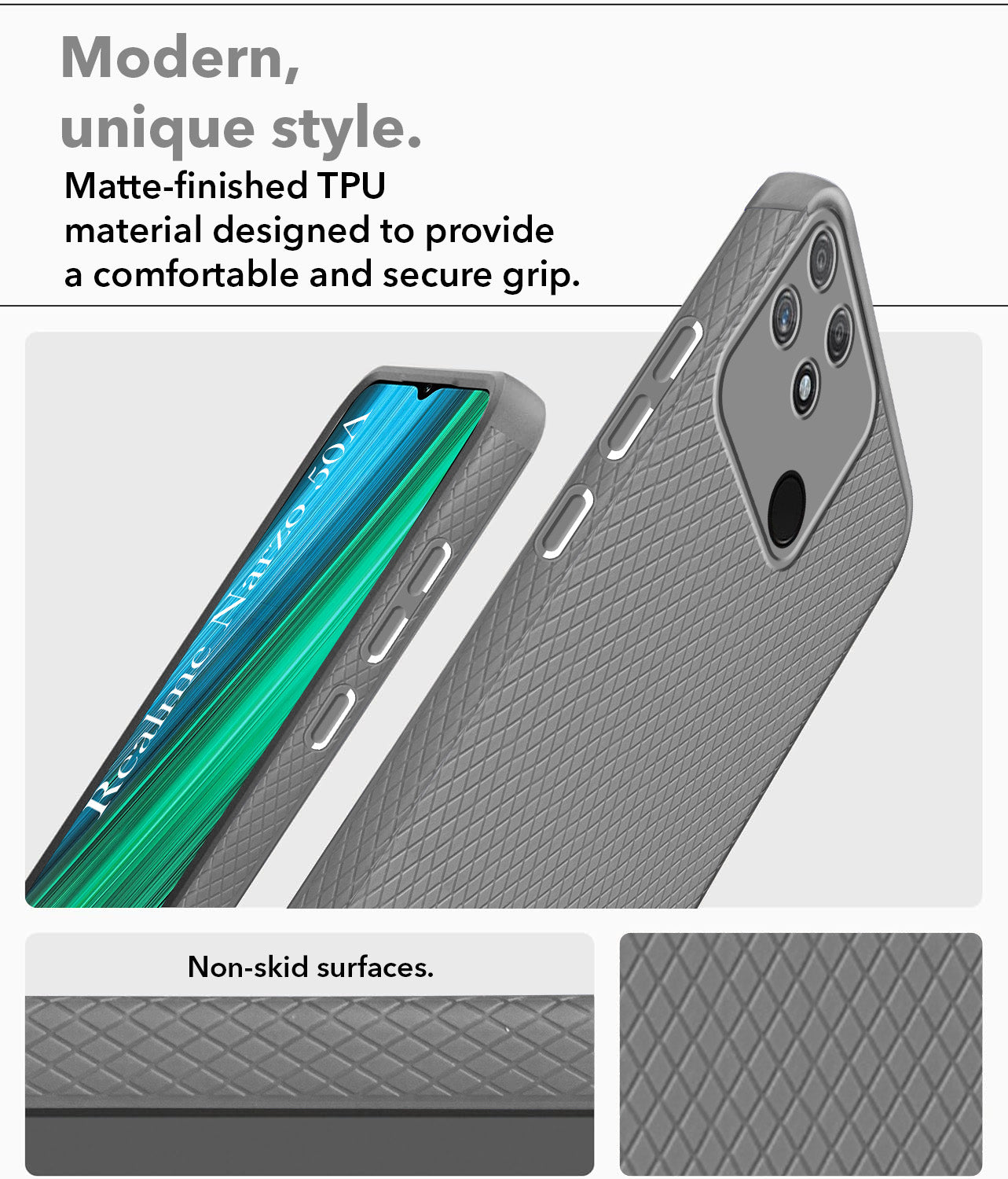 For Realme Narzo 50A Back Cover Case Liquid Silicone (Camera Protection | Side Grip Texture | Soft and Flexible)