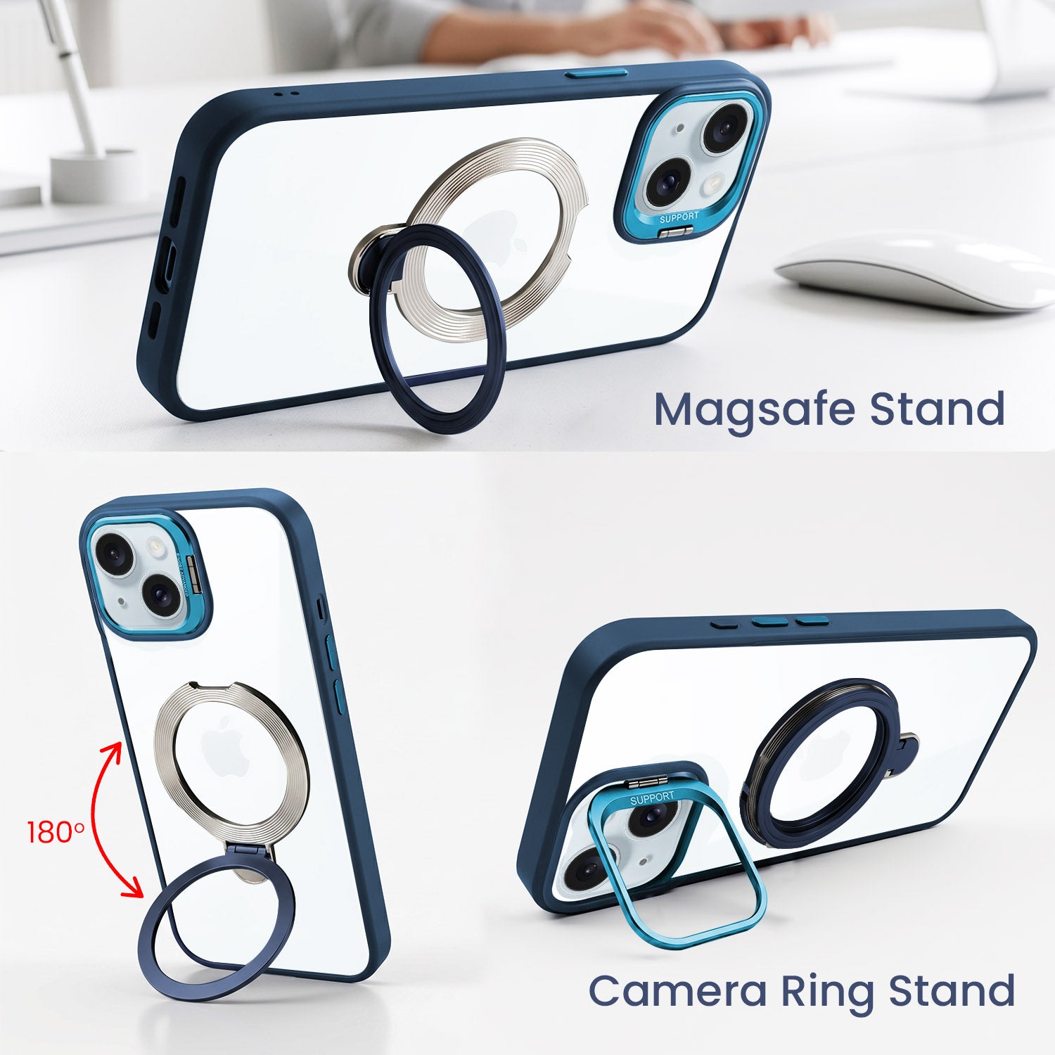 For Apple iPhone 15 Back Cover Case Crystal (Lifetime Anti Yellow | Magnetic Ring Stand | Camera Lens Protection | MagSafe Compatible)