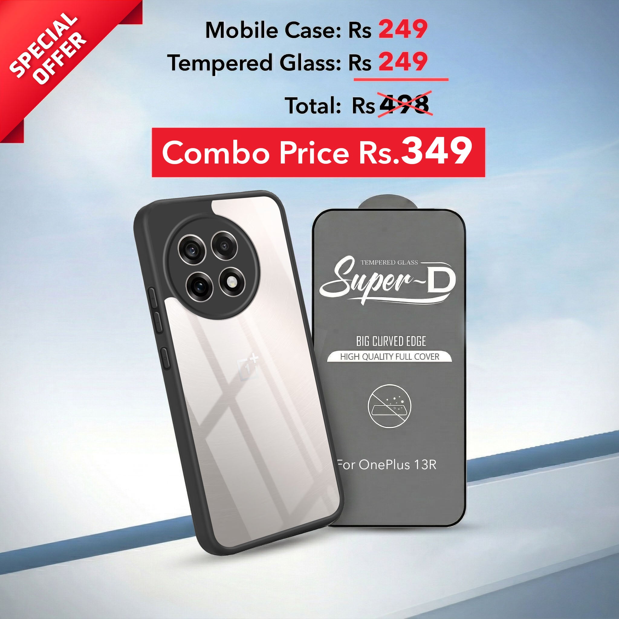 For OnePlus 13R 5G Combo with Back Cover and 9H Tempered Glass (Lifetime Anti-Yellow | Crystal Clear Shockproof | Oleophobic Coating Screen Glass)