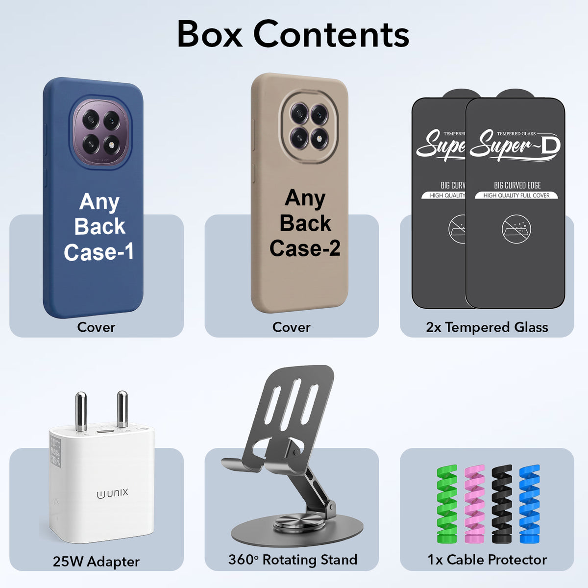 Complete Mobile Care Kit (Get Any 2 Cases+2 Tempered Glass+25W Charger Adapter+Metallic Mobile Stand+Cable Protector)