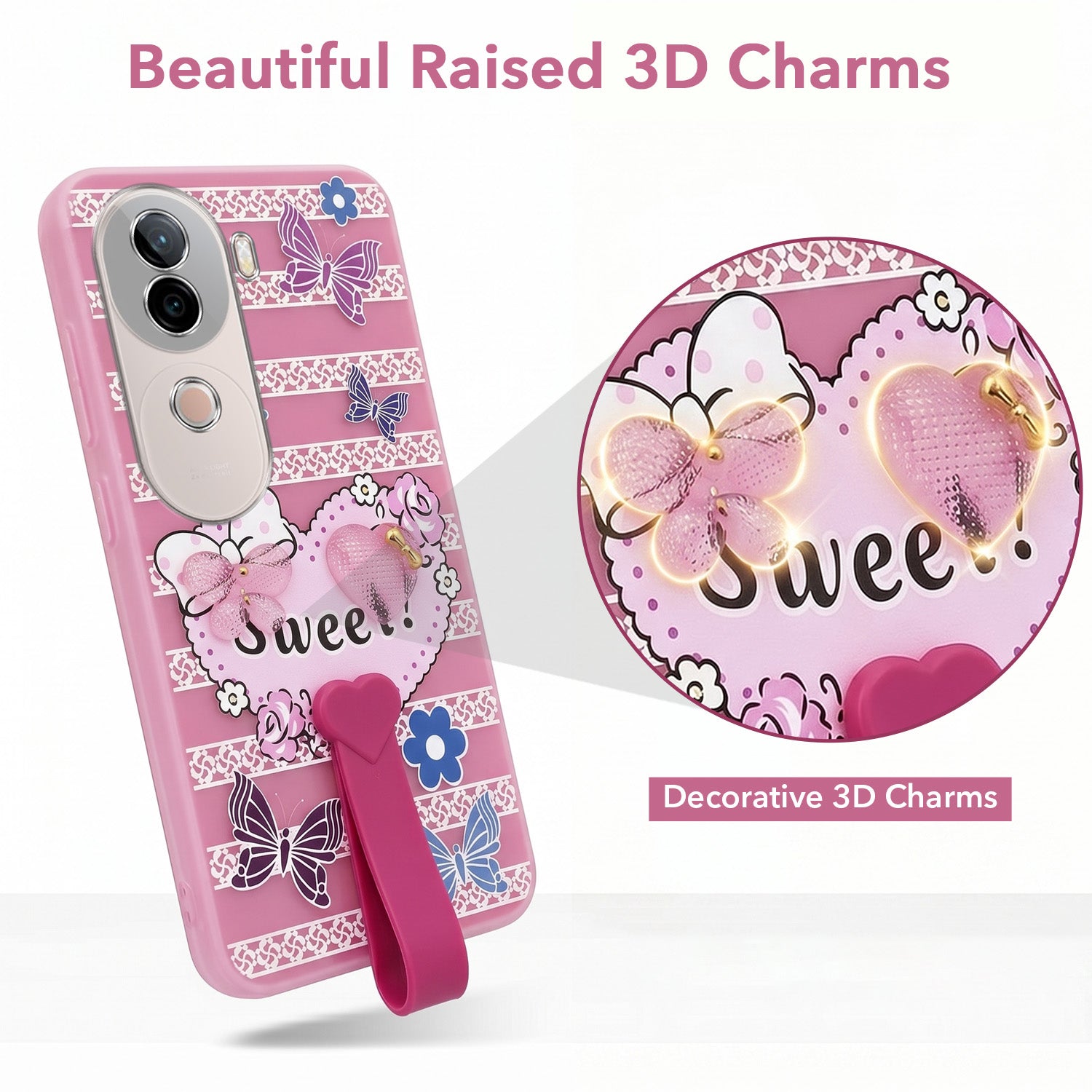 For Vivo V40e Back Cover Case (3D Cute Heart Strap Holder | Camera Protection | Designer Girls Print)