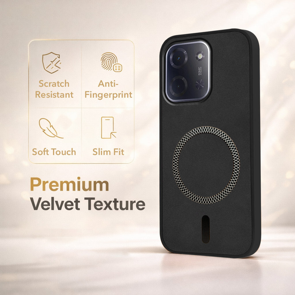 For Poco C85 5G Back Cover Case Leather Finish  (MagSafe Compatible Wireless Charging | Soft Touch | Camera Bump Protection)