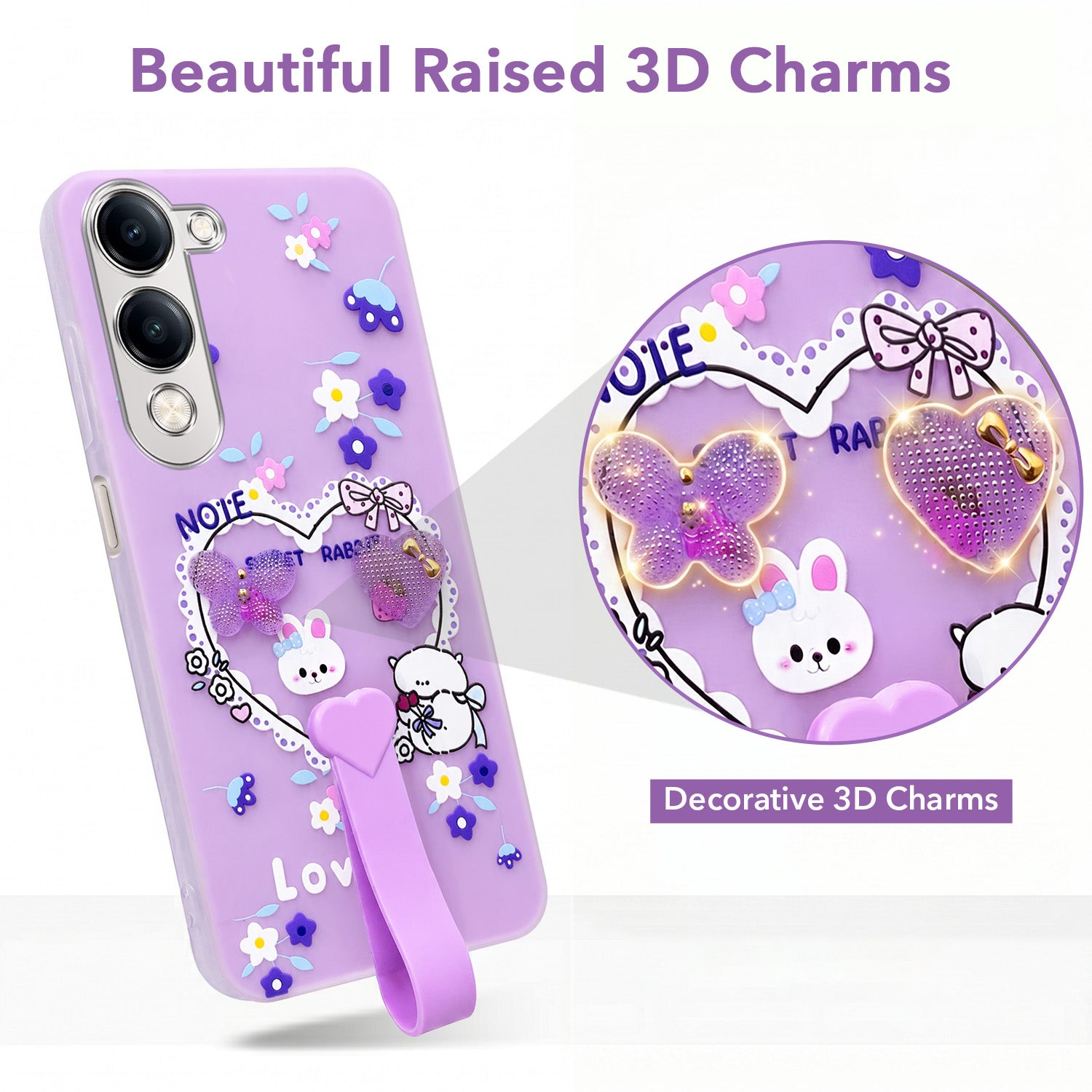 For Vivo Y19 | Vivo Y19e | Vivo T4 Lite Back Cover Case (3D Cute Heart Strap Holder | Camera Protection | Designer Girls Print)