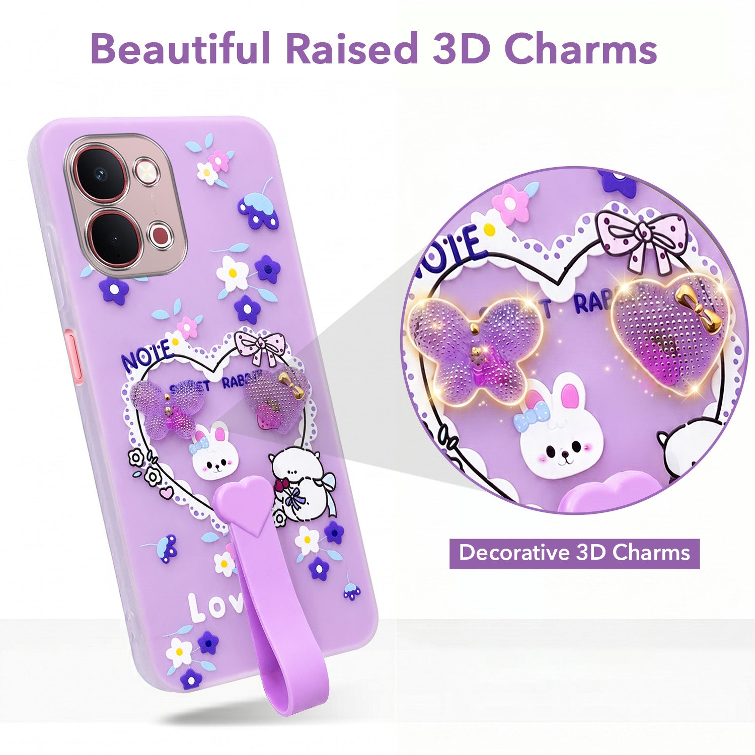 For Vivo Y51 Pro 5G | Vivo T5x Back Cover Case (3D Cute Heart Strap Holder | Camera Protection | Designer Girls Print)