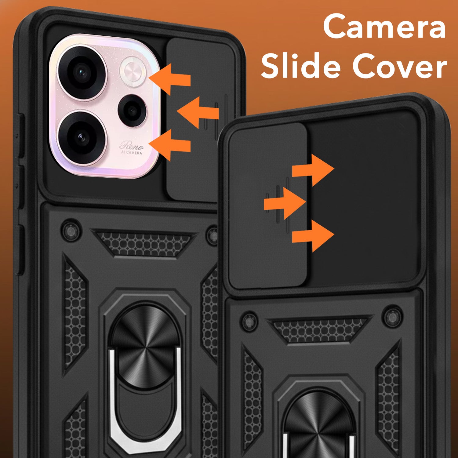 For Oppo Reno 15c Back Cover Case Hybrid Armor (Sliding Shutter Camera Protection | Polycarbonate |Ring Holder Kickstand)