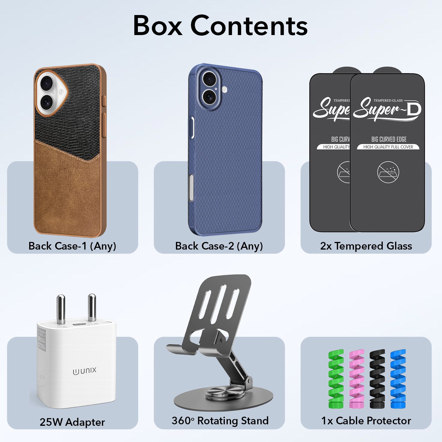 Complete Mobile Care Kit (Get Any 2 Cases+2 Tempered Glass+25W Charger Adapter+Metallic Mobile Stand+Cable Protector)