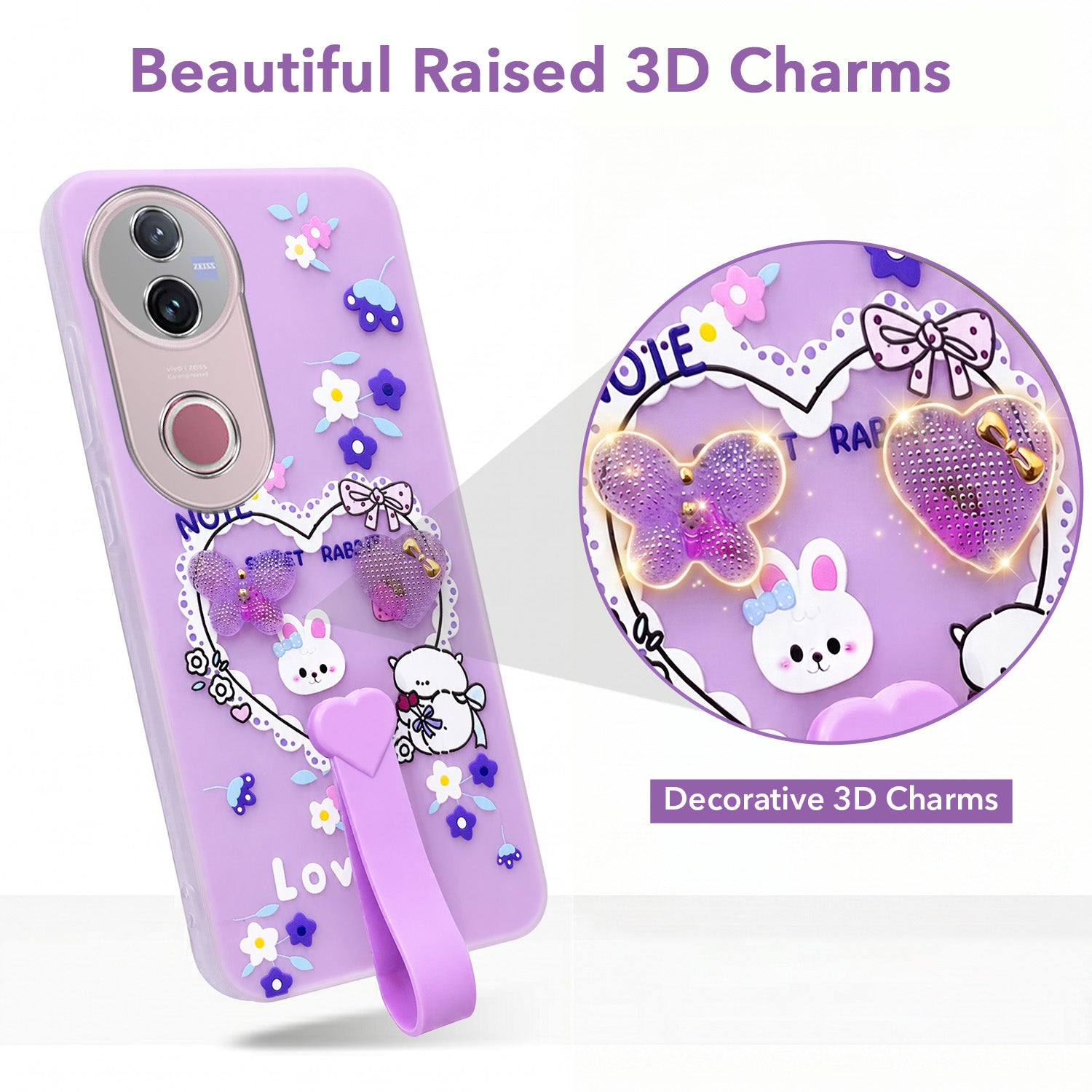For Vivo V50 | Vivo V50e Back Cover Case (3D Cute Heart Strap Holder | Camera Protection | Designer Girls Print)