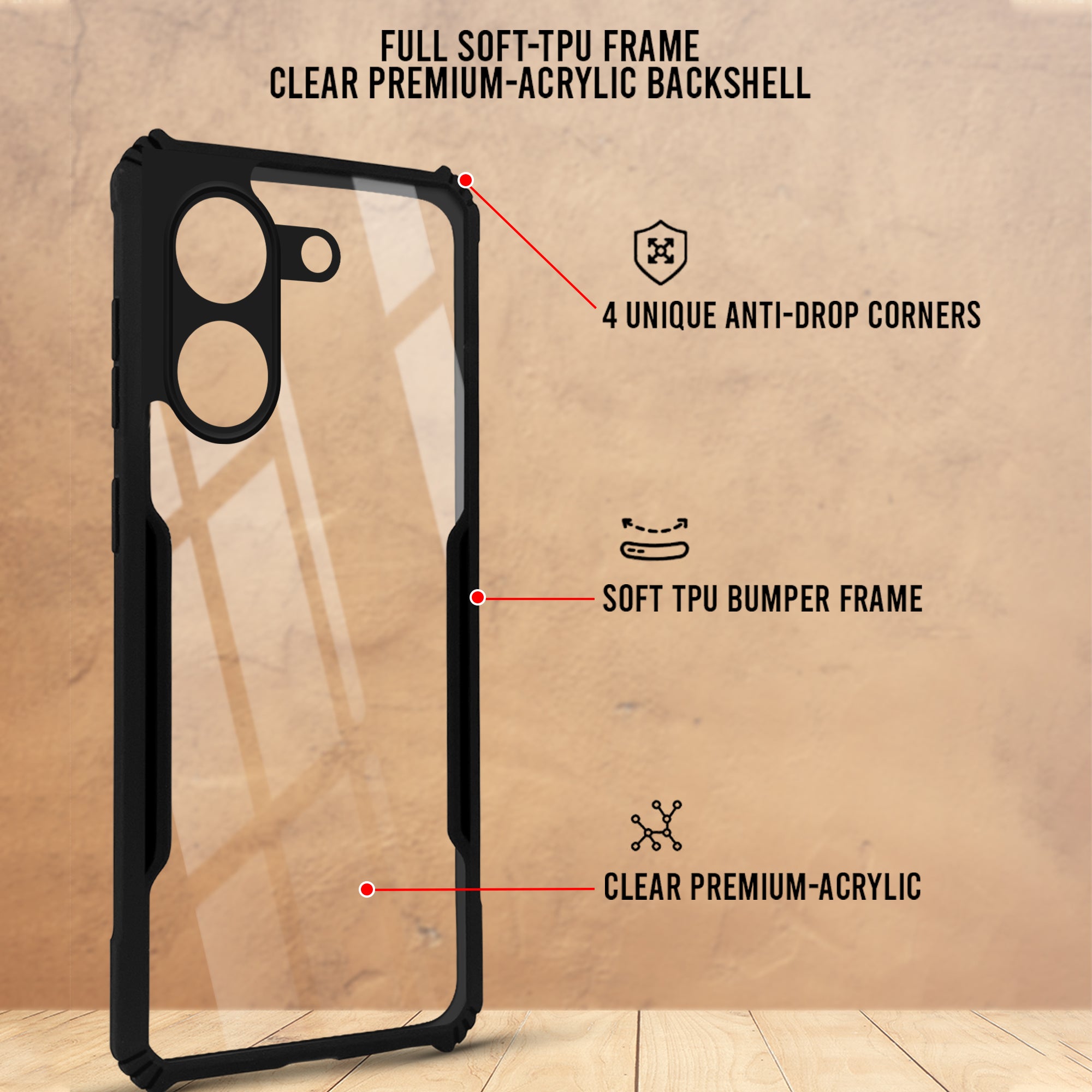 For Redmi Turbo 5 Back Cover Case Hybrid (Shockproof with Polycarbonate Clear Panel | Professional Black)