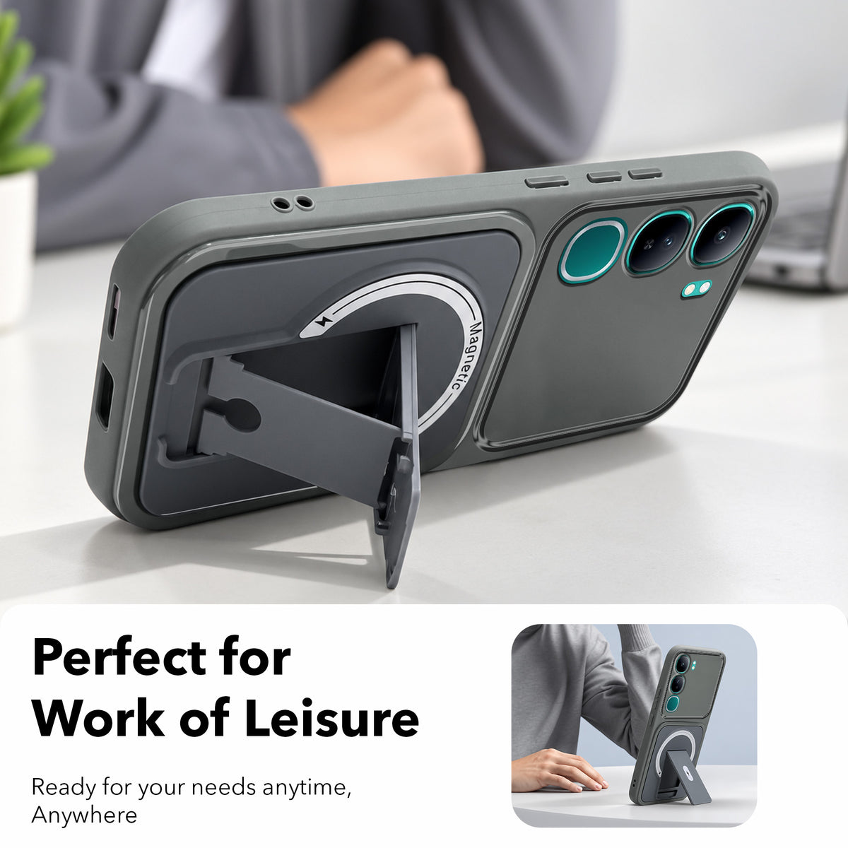 For Vivo Y300 Back Case Cover Metallic (Hybrid Armor Kickstand | MagSafe Compatible | Camera Protection Shockproof)