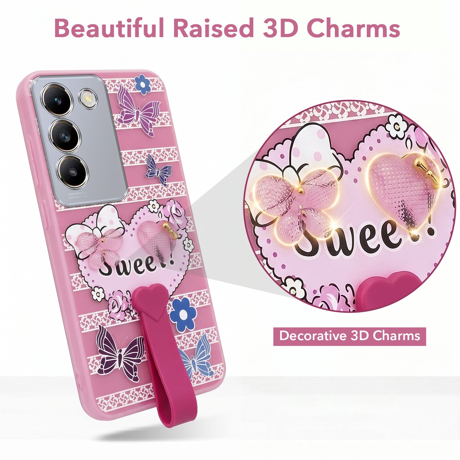 For Vivo T3 5G Back Cover Case (3D Cute Heart Strap Holder | Camera Protection | Designer Girls Print)