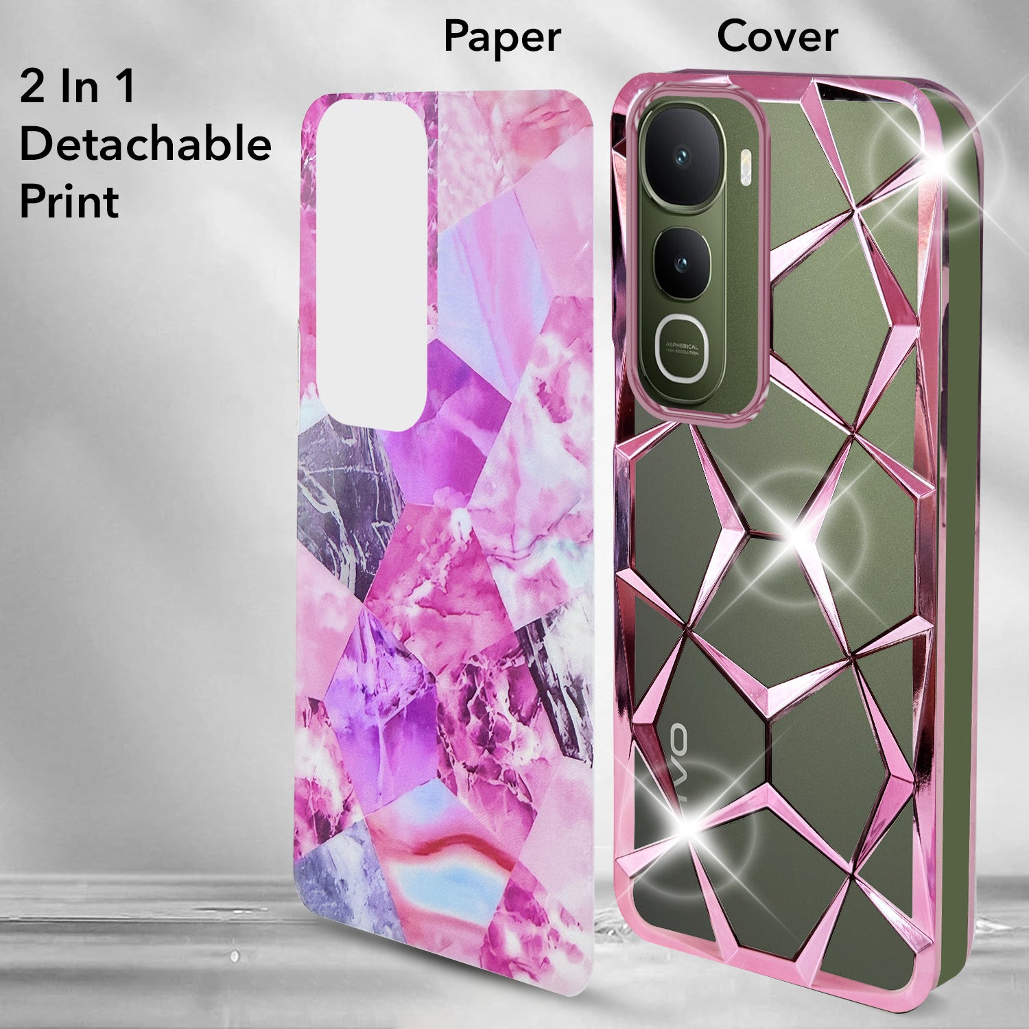 For Vivo Y400 Back Cover Case 3D Silicone Compatible (Dual Design Glitter Sparkle and Detachable Diamond Print Case | Soft and Flexible)