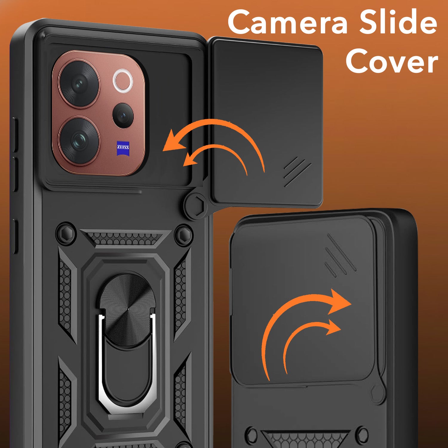 For Vivo V70 | Vivo V70 Elite 5G Back Cover Case Hybrid Armor (Sliding Shutter Camera Protection | Polycarbonate |Ring Holder Kickstand)