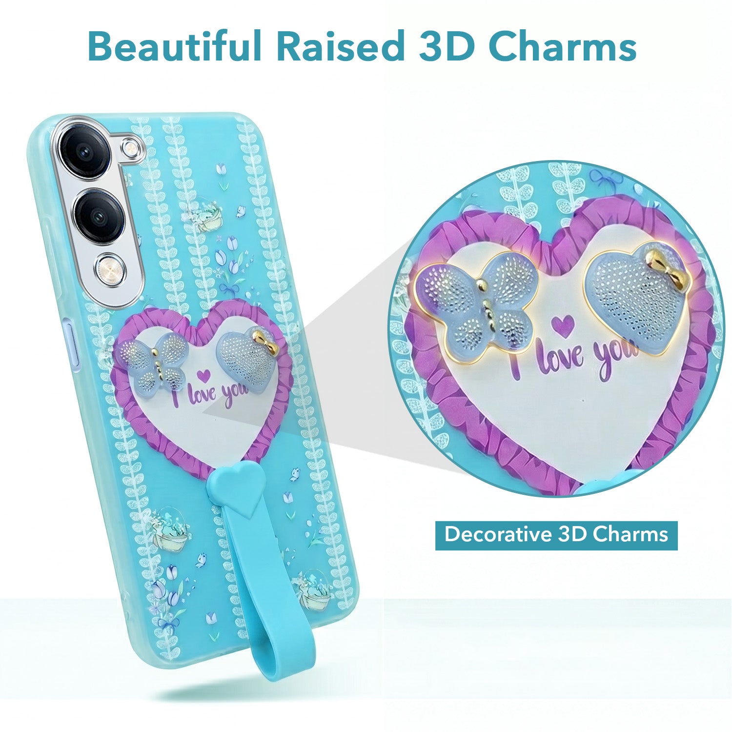 For Vivo iQOO Z10 Lite Back Cover Case (3D Cute Heart Strap Holder | Camera Protection | Designer Girls Print)