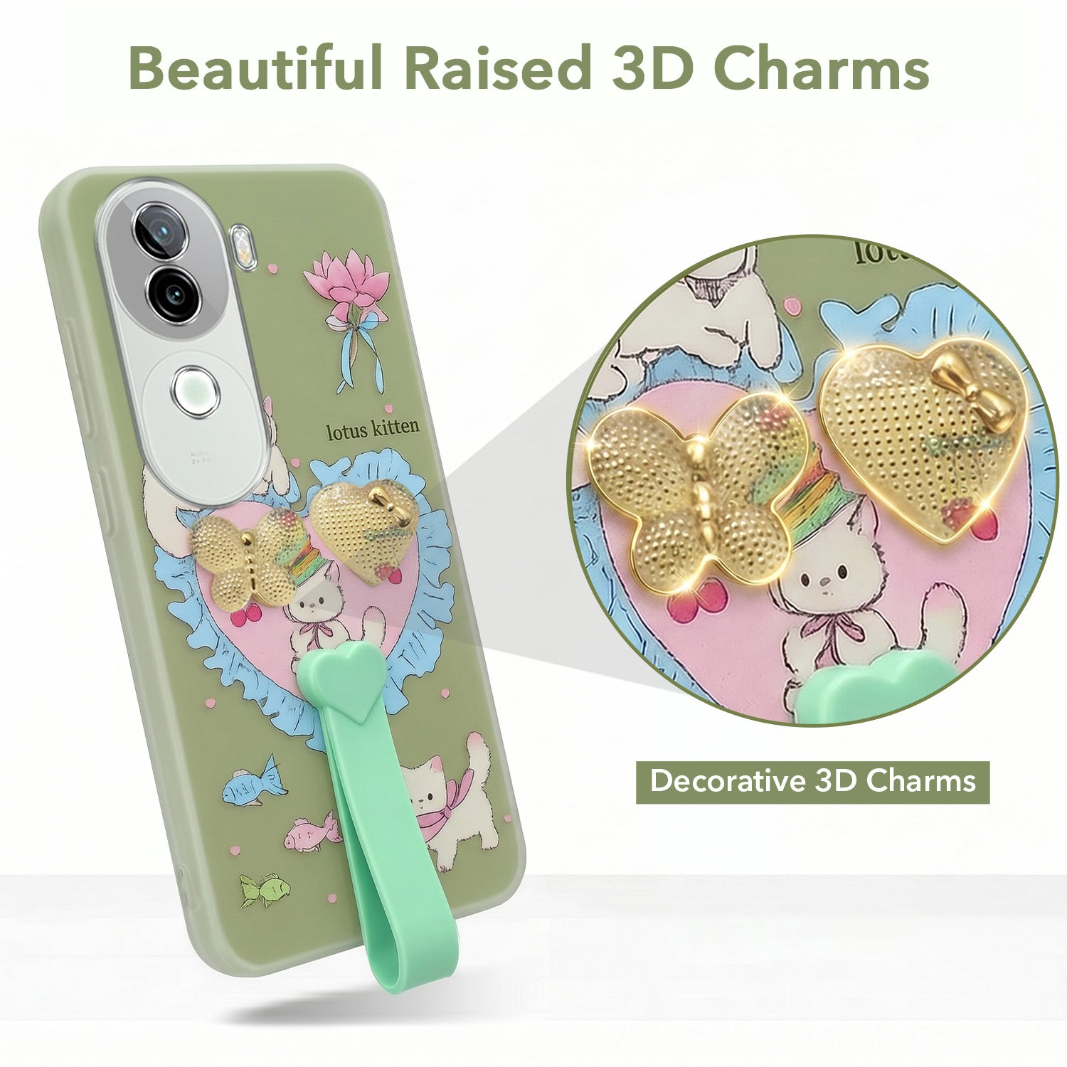 For Vivo iQOO Z9s Back Cover Case (3D Cute Heart Strap Holder | Camera Protection | Designer Girls Print)