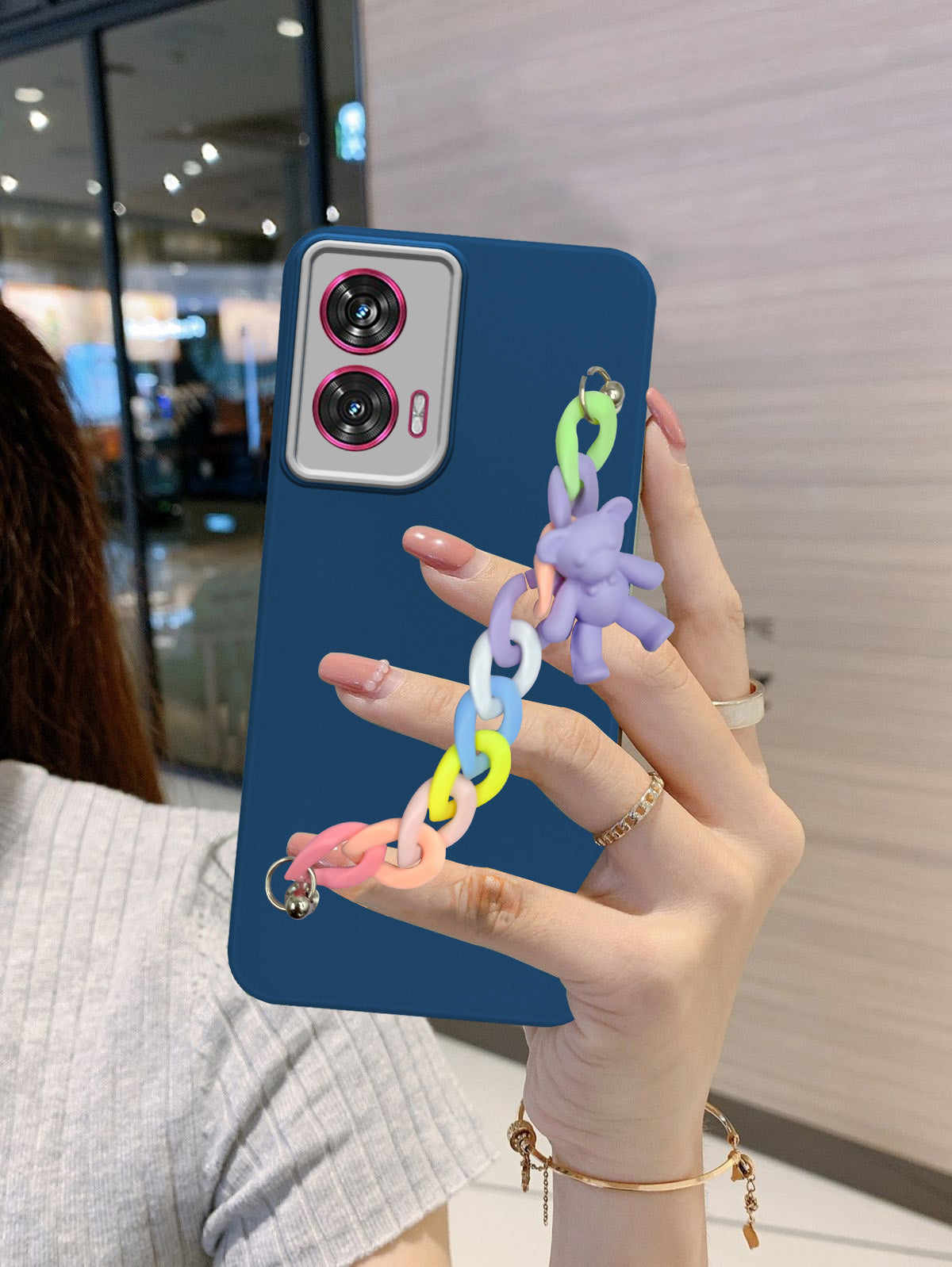 For Motorola Moto Edge 50 Fusion Back Cover Case (Wrist Hanging Chain | Teddy Bracelet Charms | Dual Color Matte Finish | Full Camera Protection | Sleek and Professional)