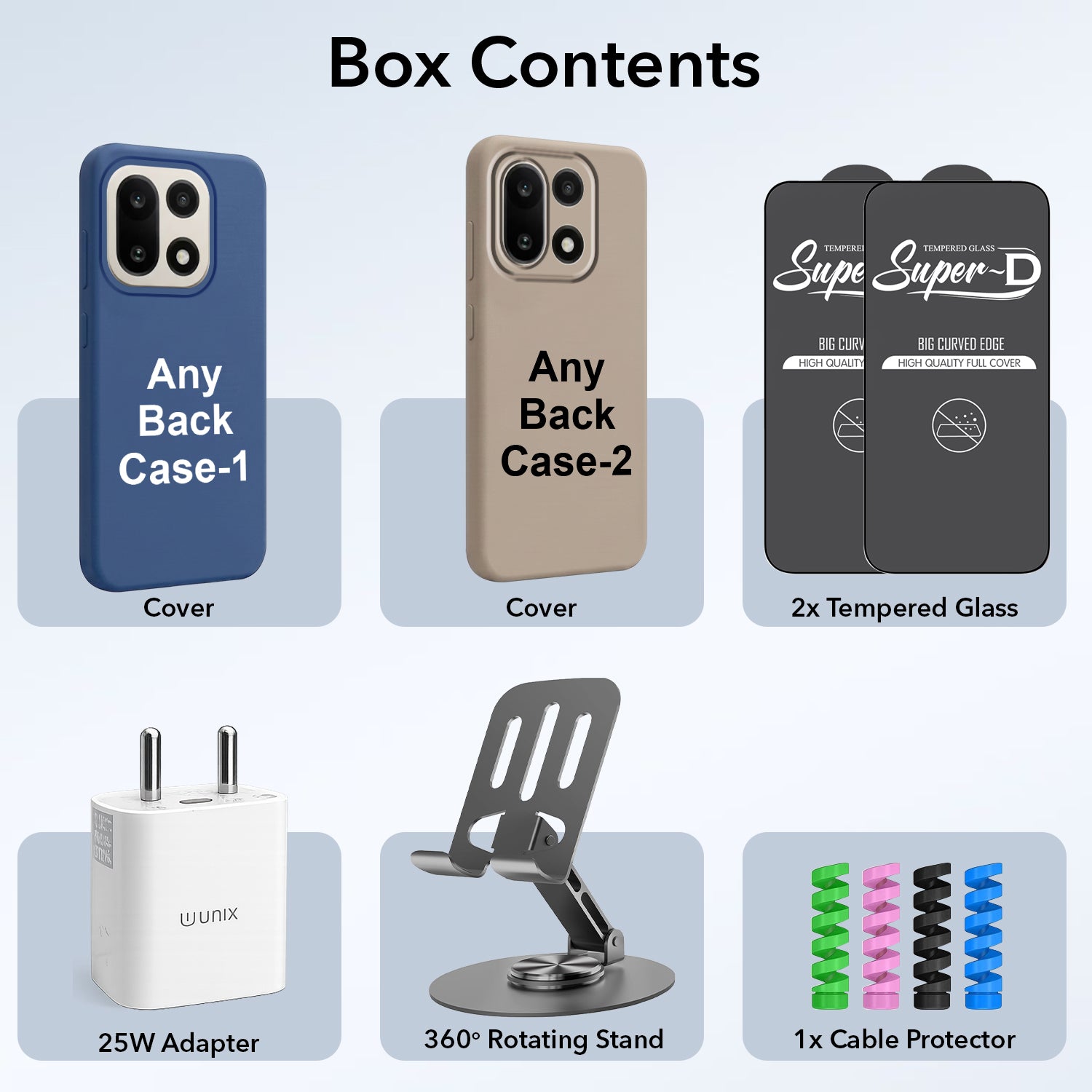 Complete Mobile Care Kit (Get Any 2 Cases+2 Tempered Glass+25W Charger Adapter+Metallic Mobile Stand+Cable Protector)