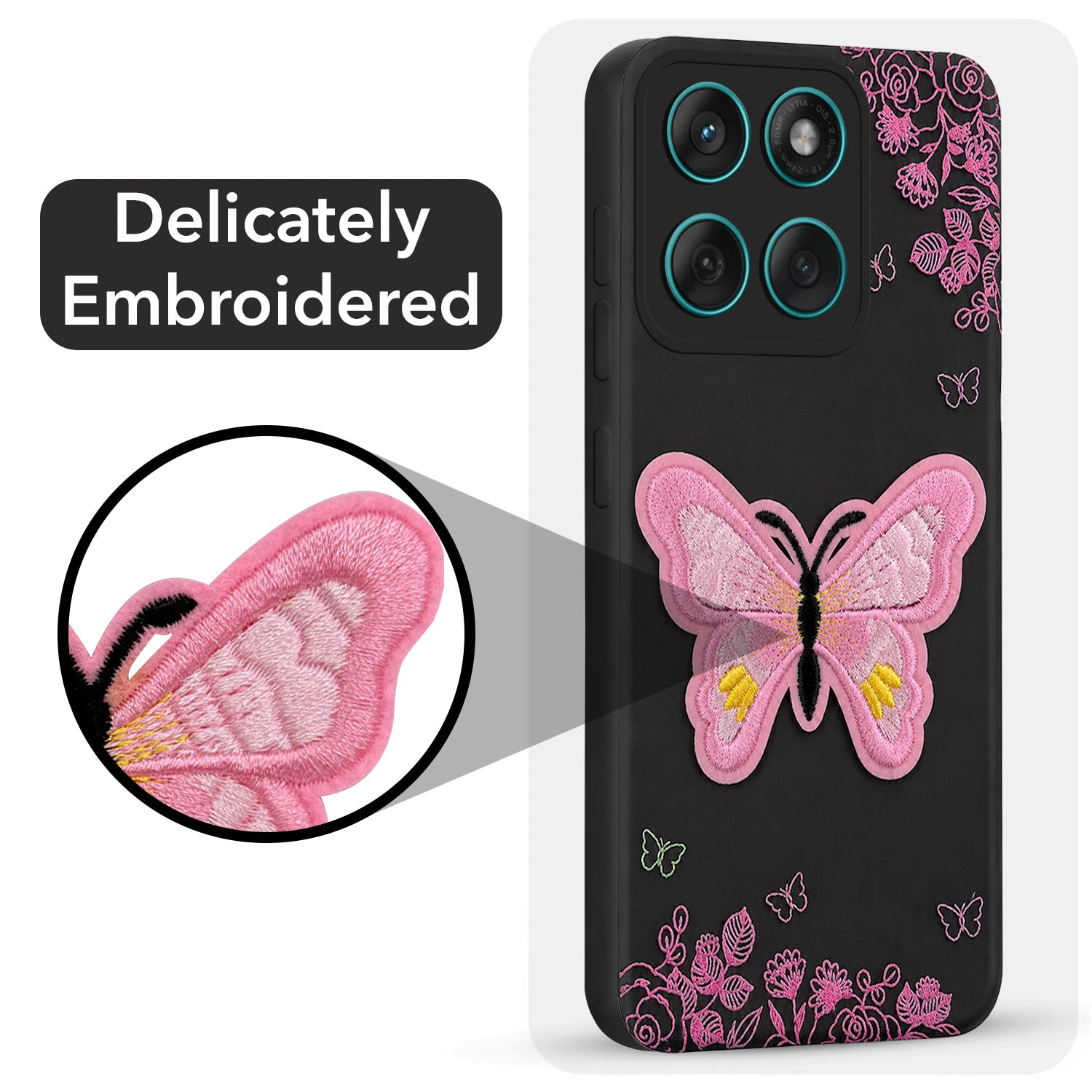 For Motorola Moto Edge 60 Fusion Back Cover Case (Soft Butterfly Embroidery | Women Teen Girls | Camera Protection| Matte Silicone)