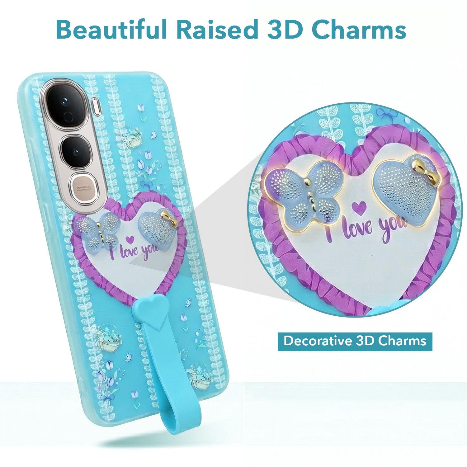 For Vivo Y400 Pro Back Cover Case (3D Cute Heart Strap Holder | Camera Protection | Designer Girls Print)