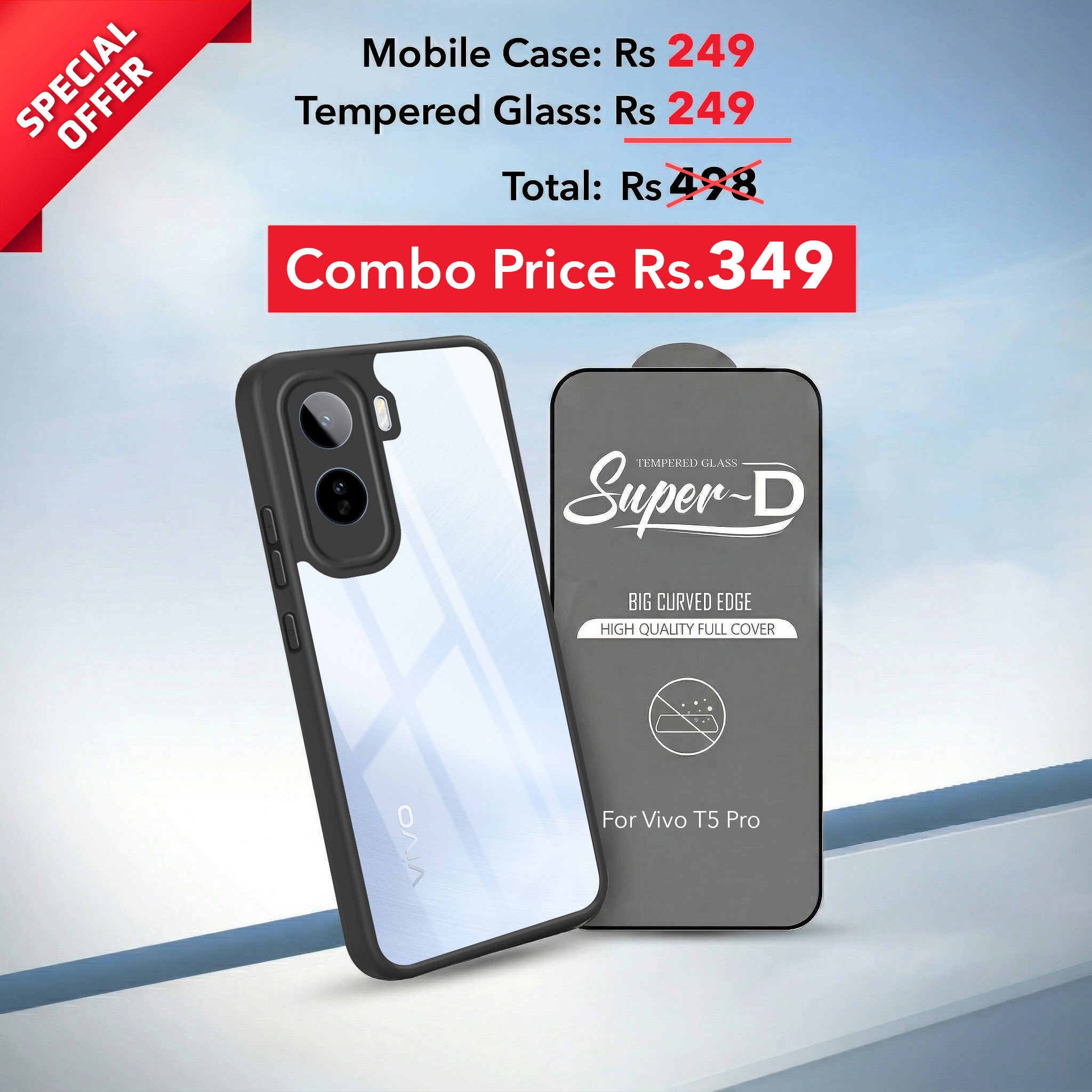 For Vivo T5 Pro 5G Combo with Back Cover and 9H Tempered Glass (Lifetime Anti-Yellow | Crystal Clear Shockproof | Oleophobic Coating Screen Glass)