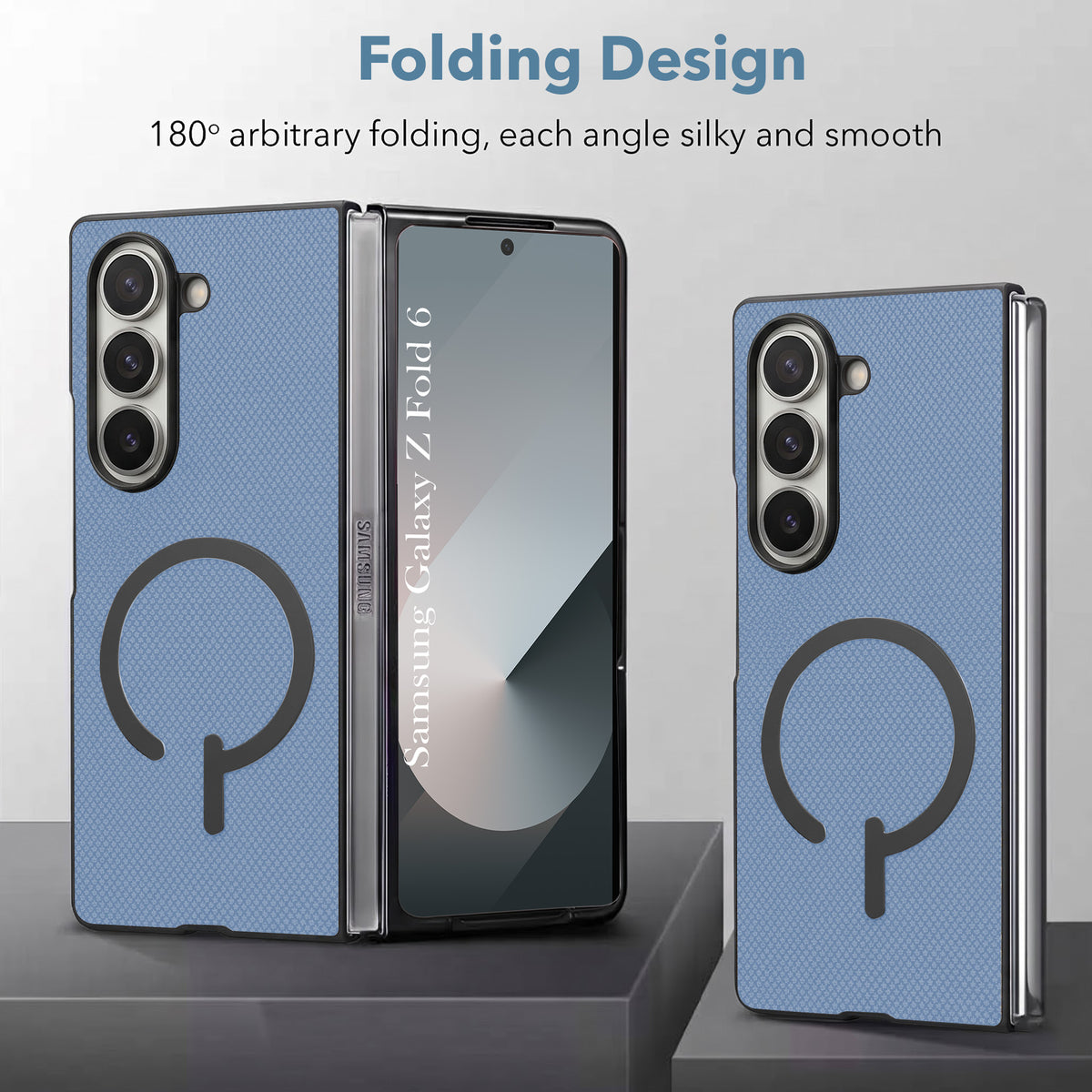 For Samsung Galaxy Z Fold 6 5G Premium Magnetic Back Cover Case (MagSafe Compatible | 180° Folding Design | Soft Microfiber Inner Lining | Textured Blue Finish)