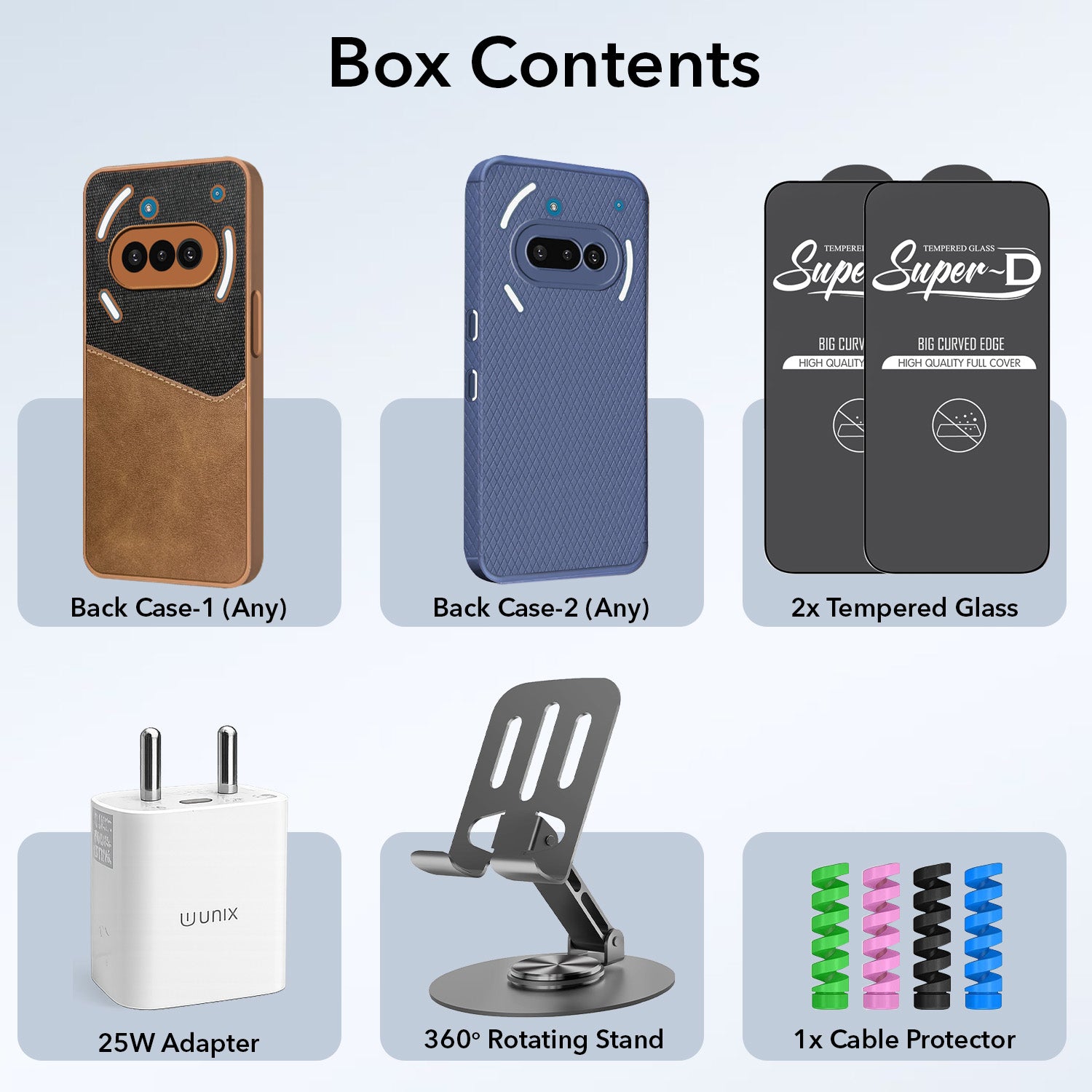 Complete Mobile Care Kit (Get Any 2 Cases+2 Tempered Glass+25W Charger Adapter+Metallic Mobile Stand+Cable Protector)