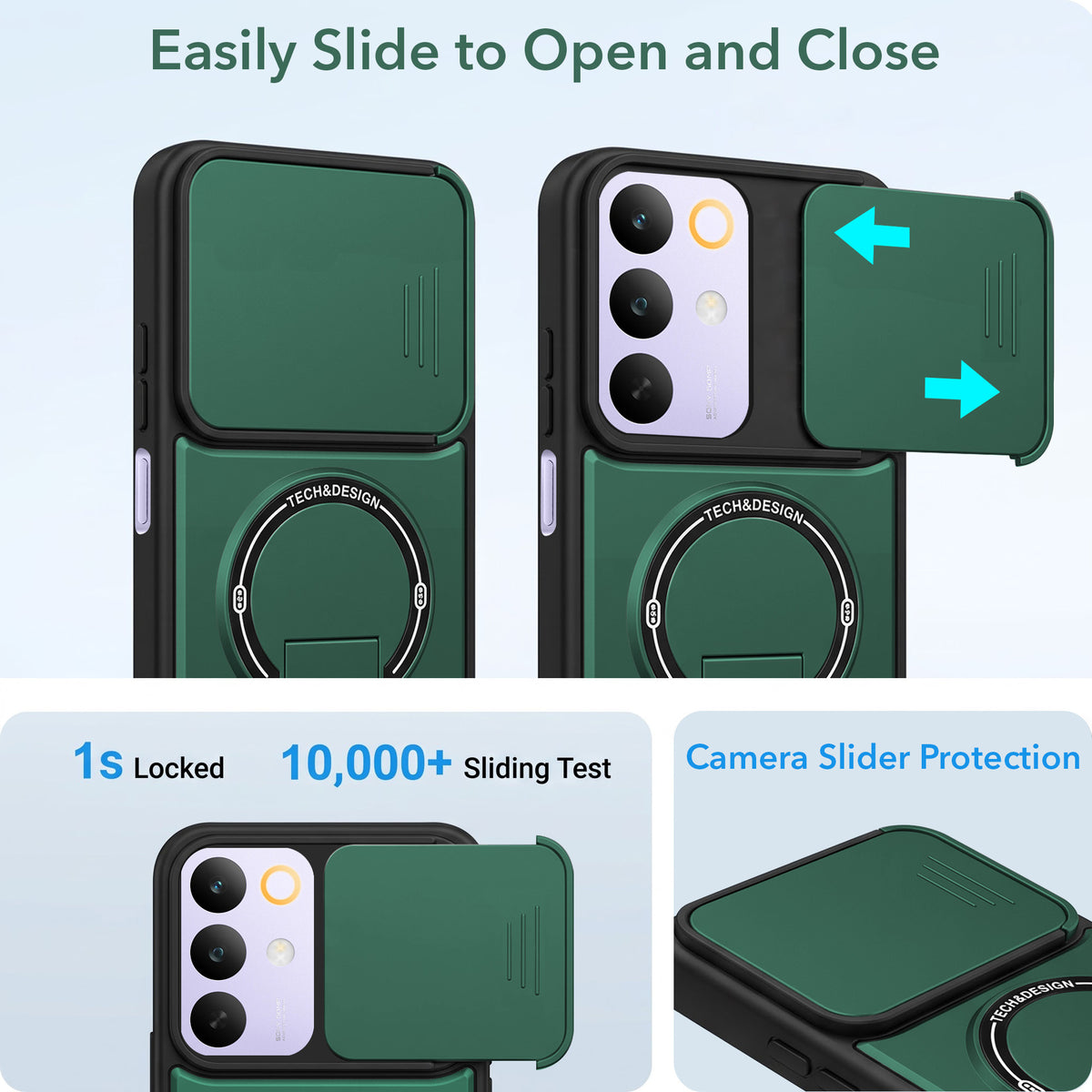 For Realme C85 5G | Realme Narzo 90x Back Case Cover Metallic (Hybrid Armor Kickstand | Sliding Shutter Camera Protection | MagSafe Compatible)
