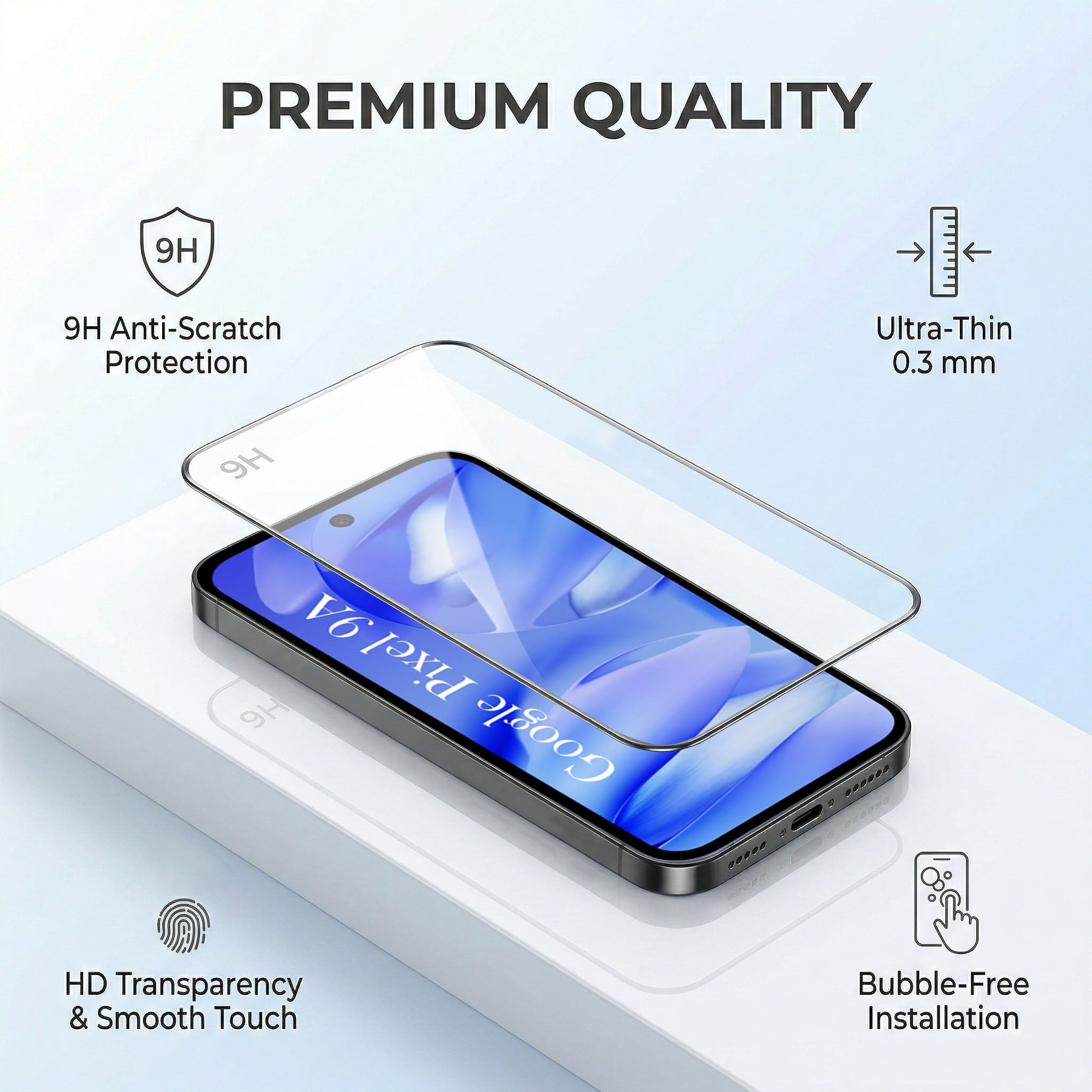 For Google Pixel 9A Combo with Back Cover and 9H Tempered Glass (Lifetime Anti-Yellow | Sleek Hard Crystal | Oleophobic Coating Screen Glass)