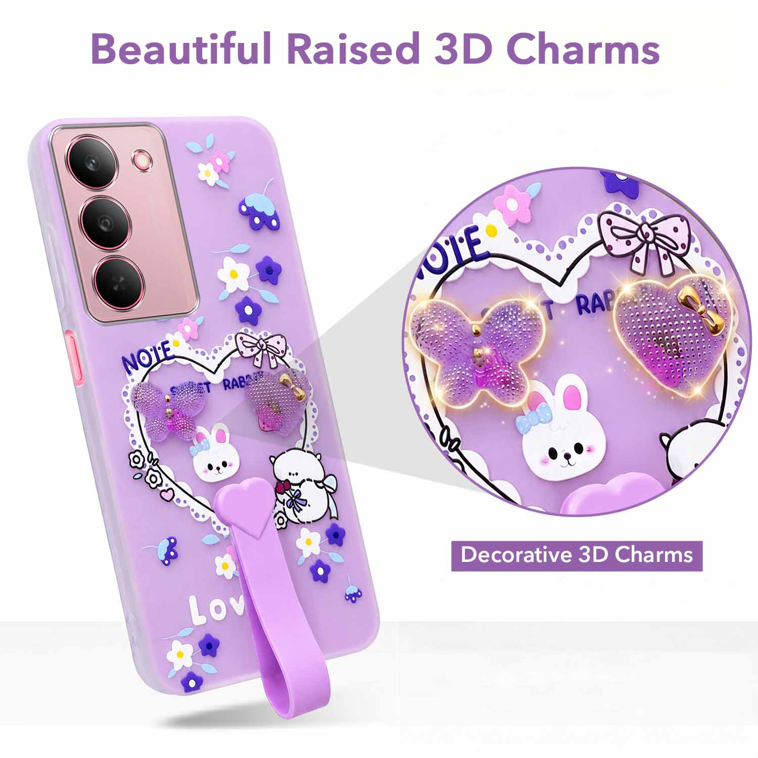 For Realme 14X Back Cover Case (3D Cute Heart Strap Holder | Camera Protection | Designer Girls Print)
