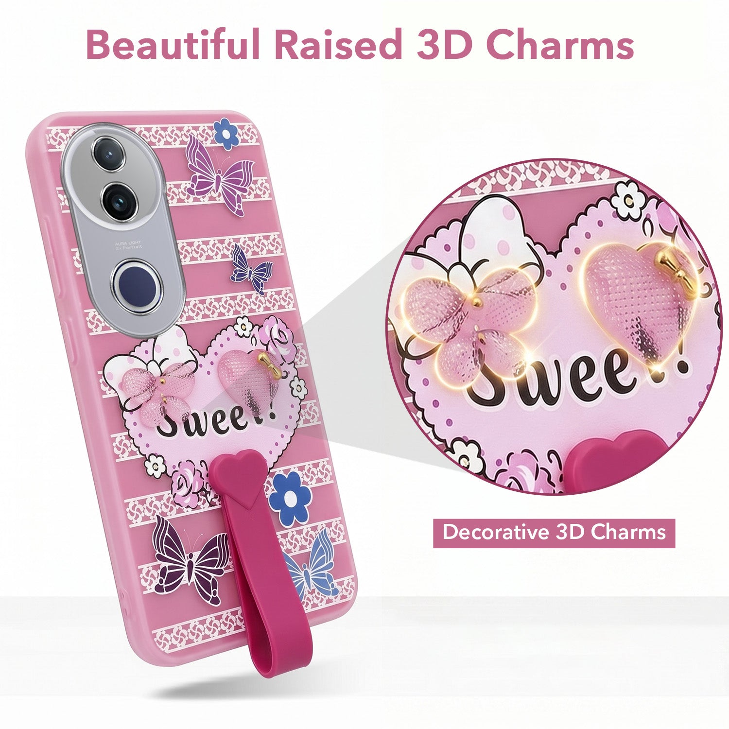 For Vivo T4R  Back Cover Case (3D Cute Heart Strap Holder | Camera Protection | Designer Girls Print)