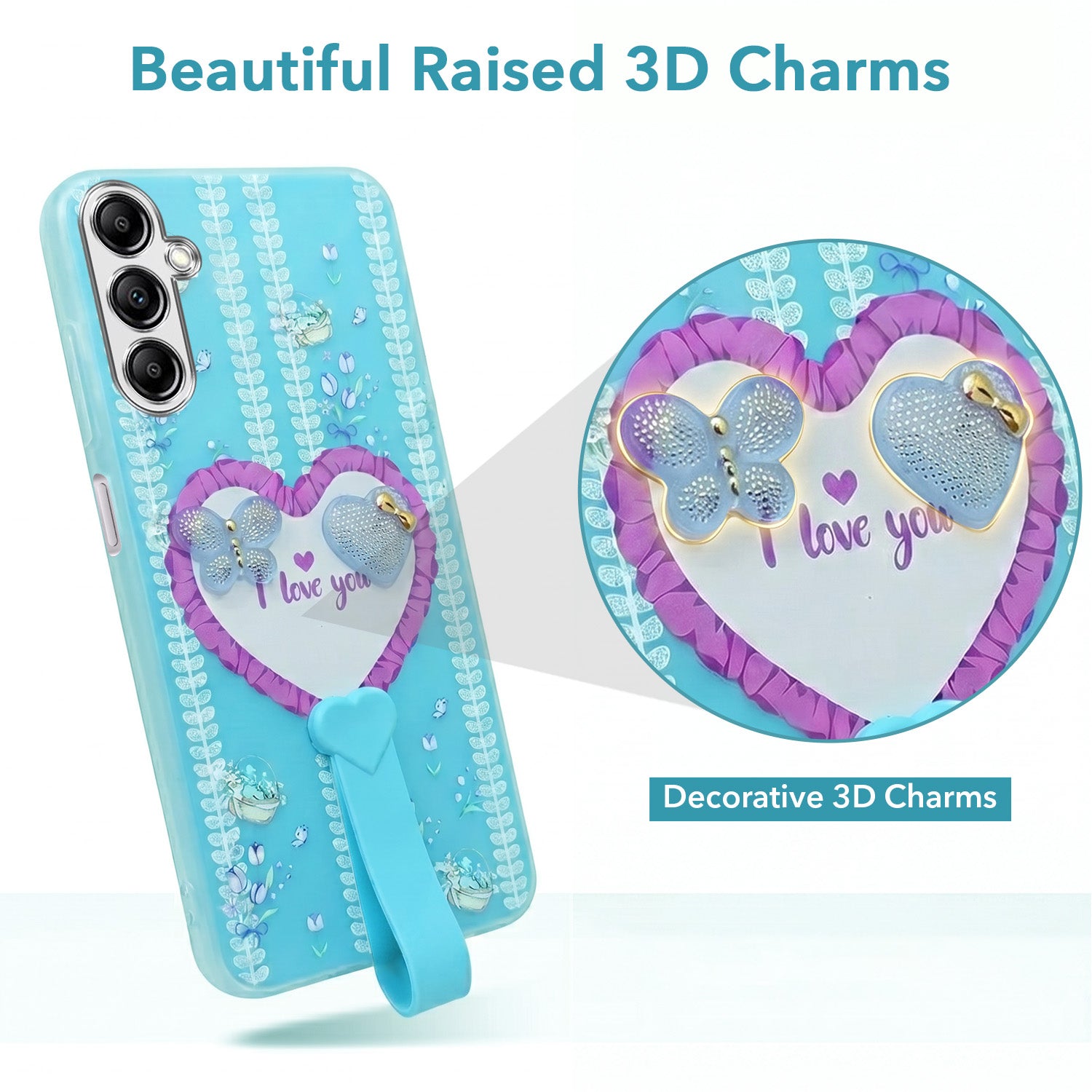 For Samsung Galaxy A14 4G | 5G Back Cover Case (3D Cute Heart Strap Holder | Camera Protection | Designer Girls Print)