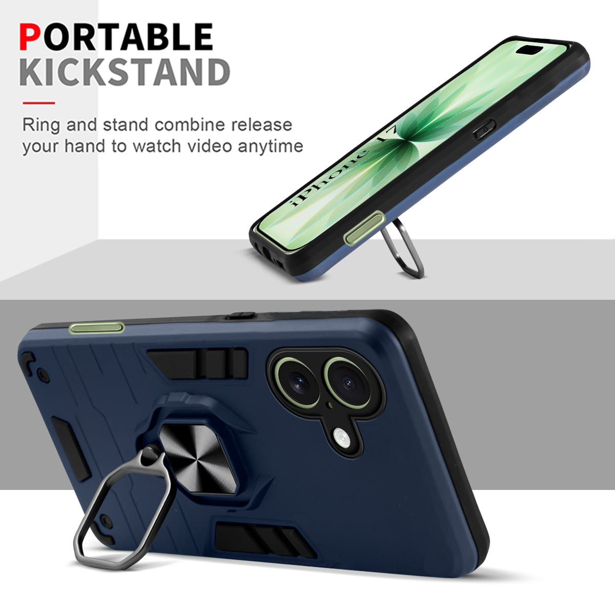 For Apple iPhone 17 Back Cover Case (Shockproof Dual Layer Polycarbonate |Ring Holder Kickstand)