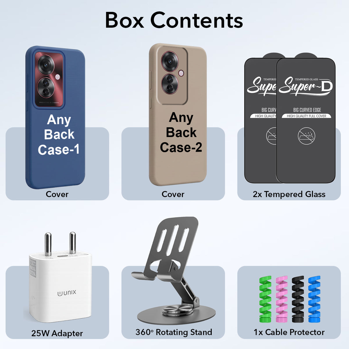 Complete Mobile Care Kit (Get Any 2 Cases+2 Tempered Glass+25W Charger Adapter+Metallic Mobile Stand+Cable Protector)