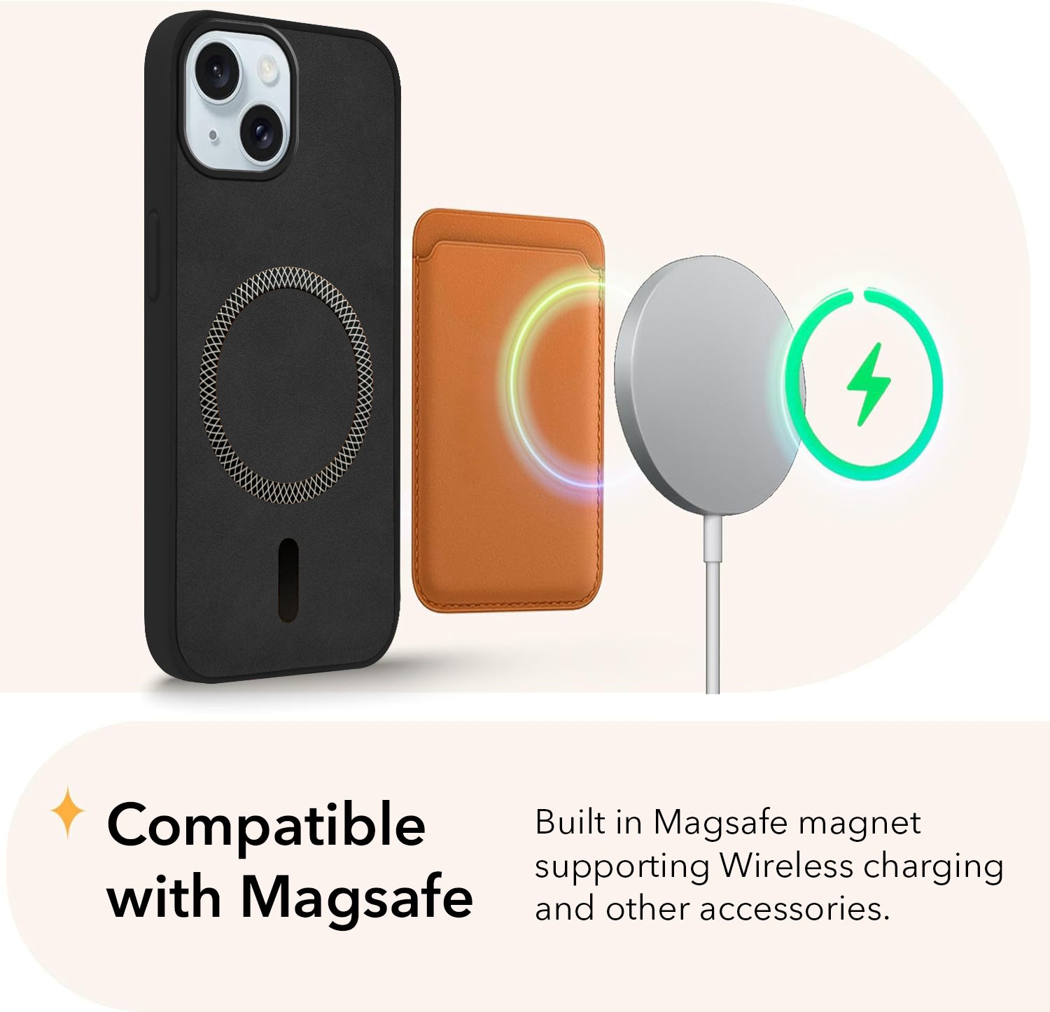 For Apple iPhone 15 Back Cover Case Leather Finish (MagSafe Compatible Wireless Charging | Soft Touch | Camera Bump Protection)