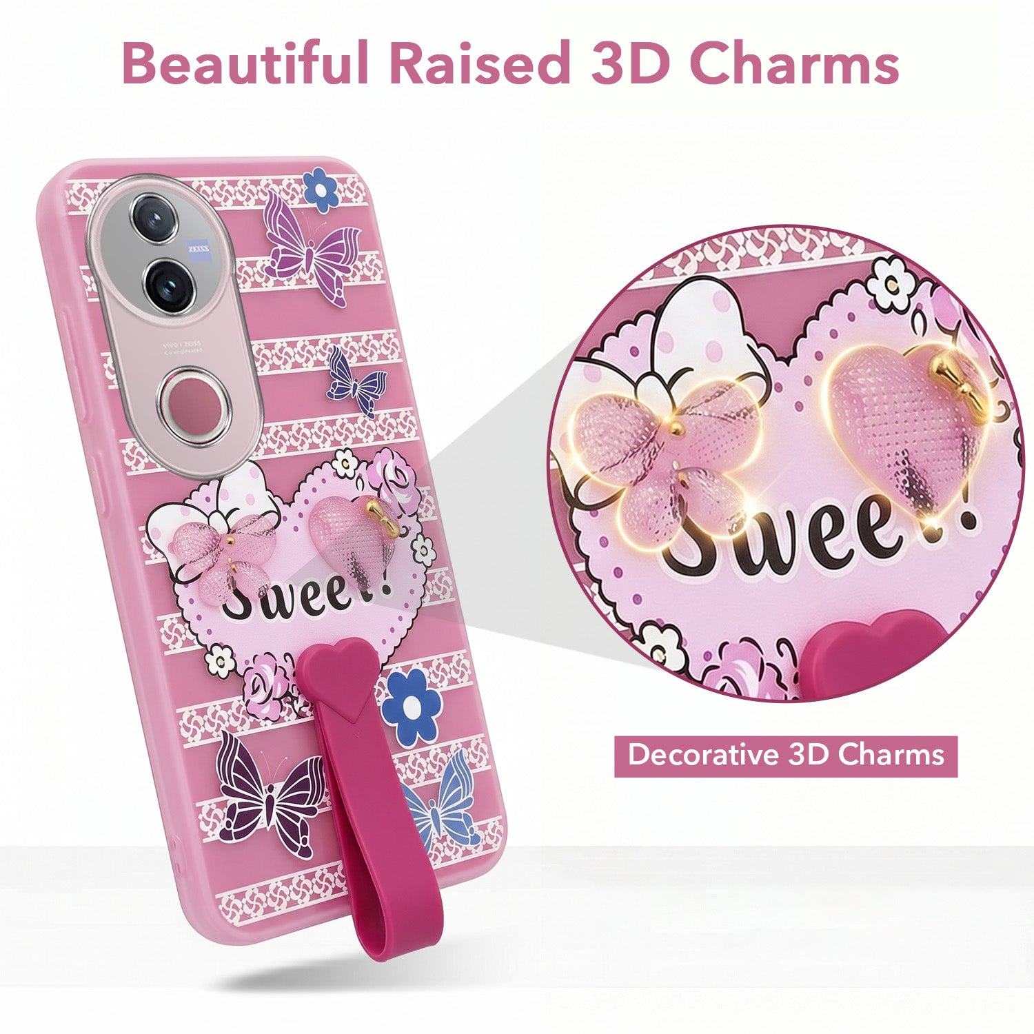 For Vivo V50 | Vivo V50e Back Cover Case (3D Cute Heart Strap Holder | Camera Protection | Designer Girls Print)
