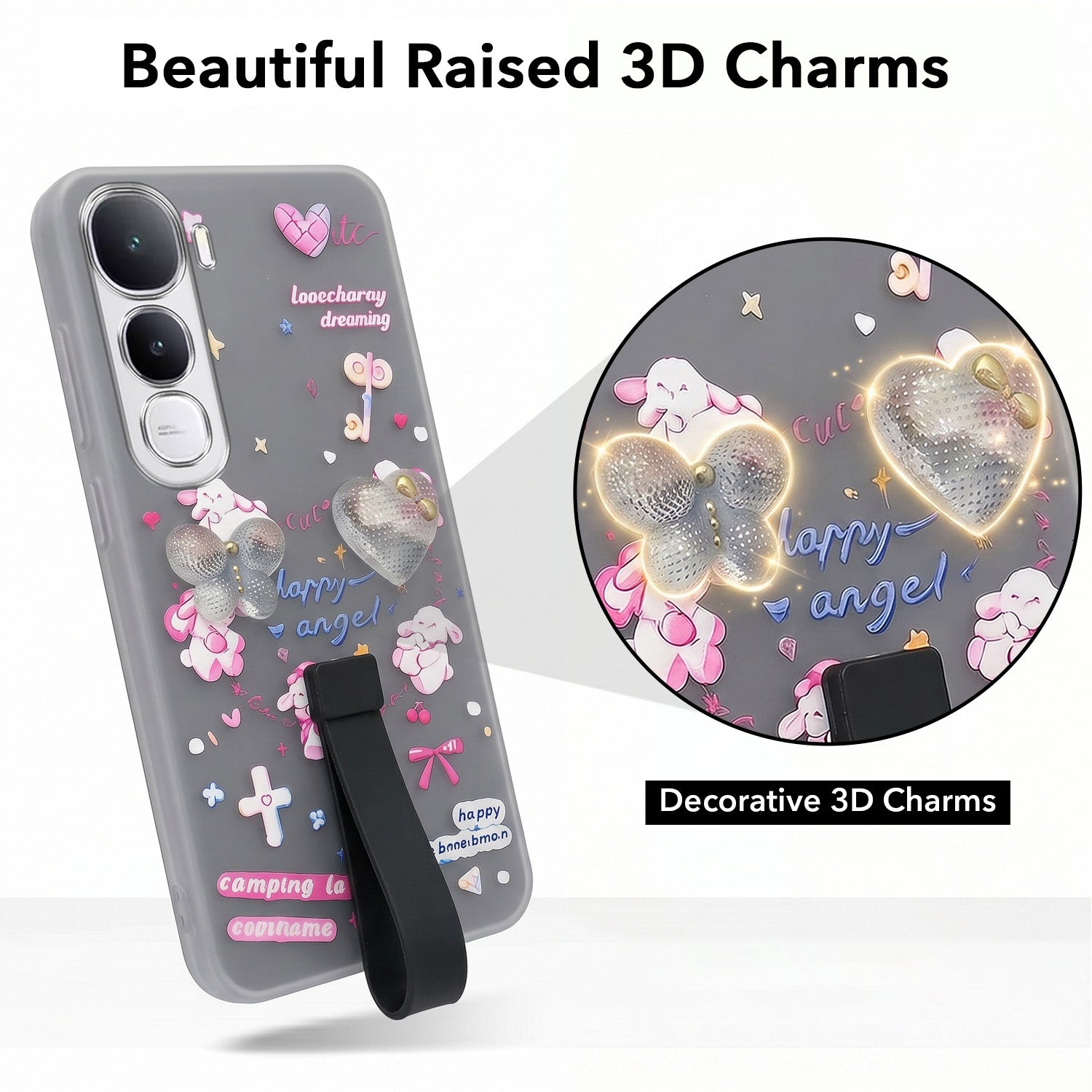 For Vivo Y400 Back Cover Case (3D Cute Heart Strap Holder | Camera Protection | Designer Girls Print)