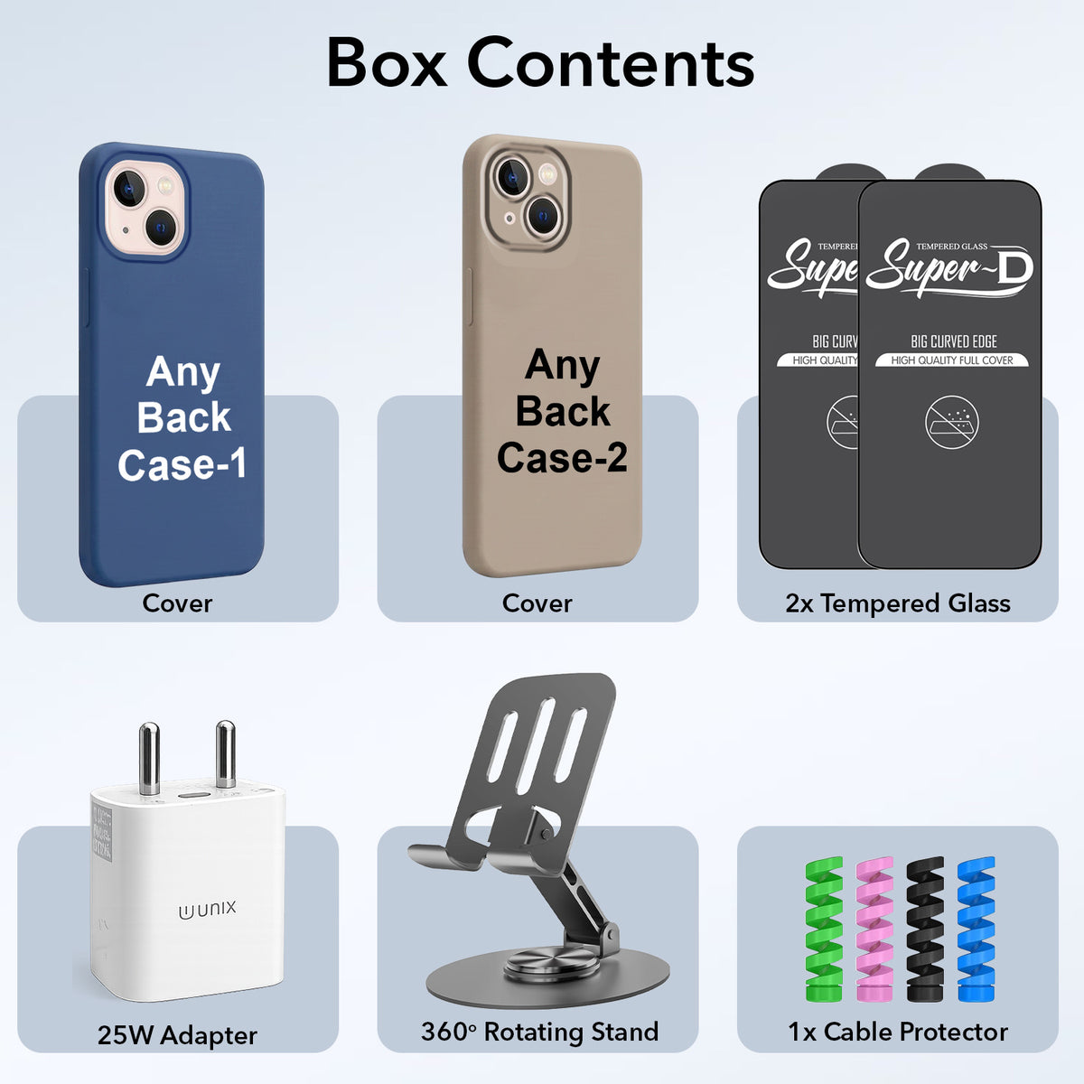 Complete Mobile Care Kit (Get Any 2 Cases+2 Tempered Glass+25W Charger Adapter+Metallic Mobile Stand+Cable Protector)