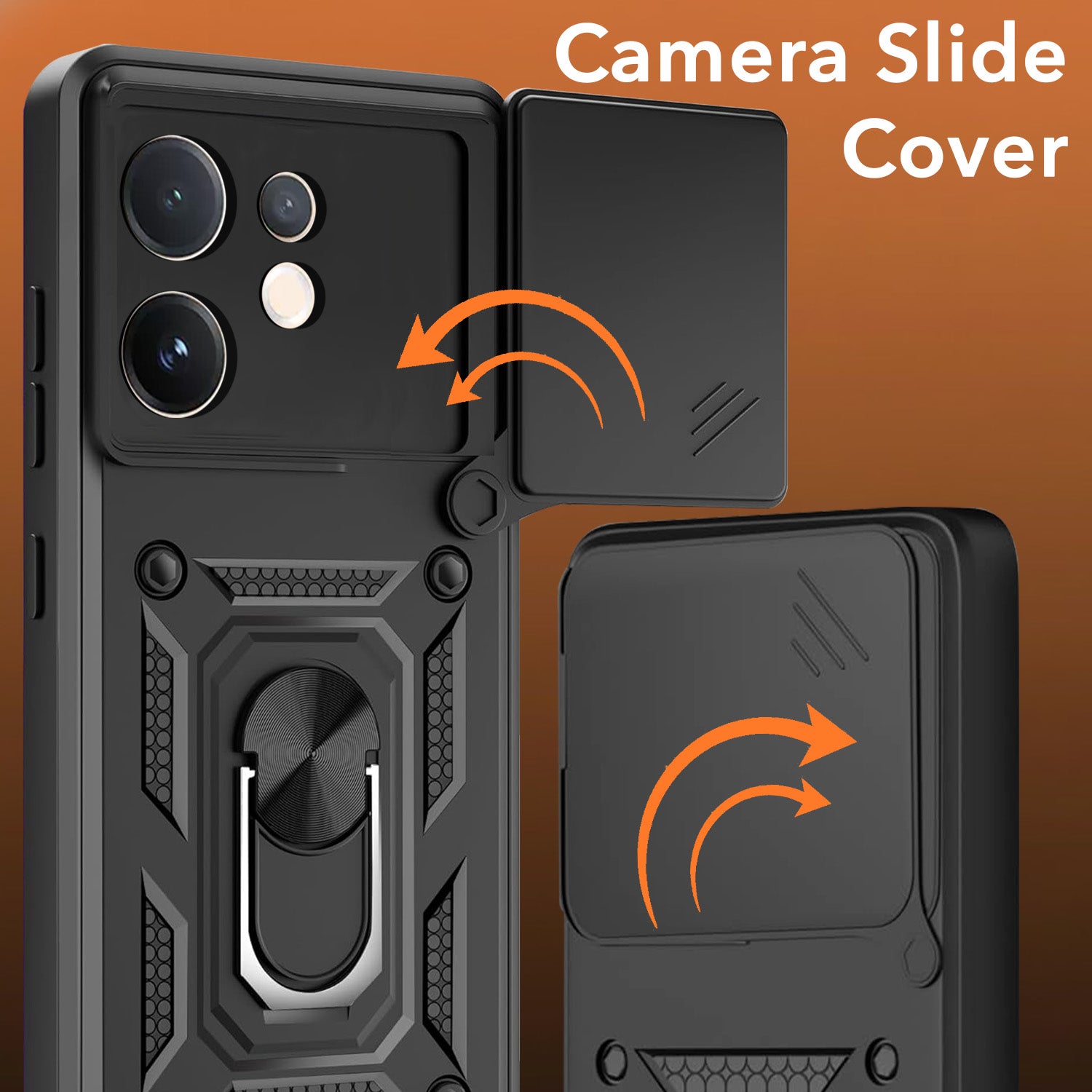 For Vivo V60 | Vivo T4 Pro Back Cover Case (Sliding Shutter Camera Protection | Polycarbonate |Ring Holder Kickstand)