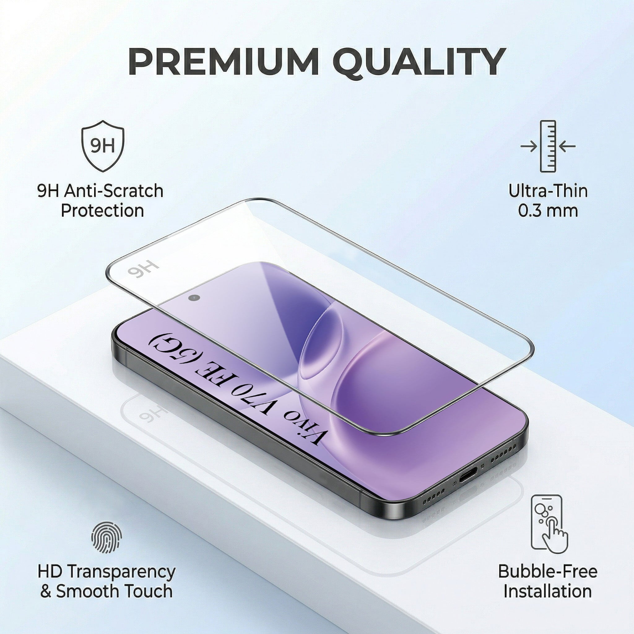 For Vivo V70 FE Combo with Back Cover and 9H Tempered Glass (Lifetime Anti-Yellow | Sleek Hard Crystal | Oleophobic Coating Screen Glass)