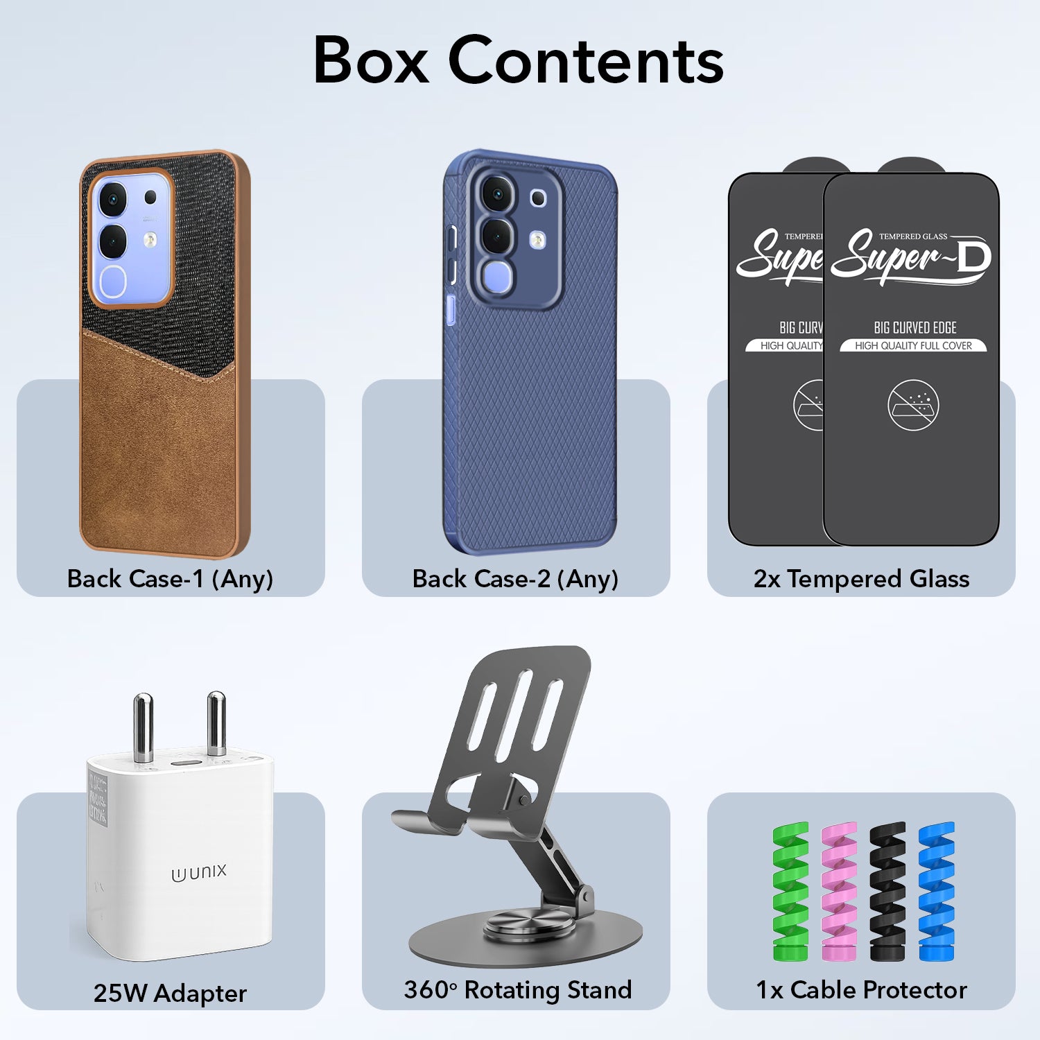 Complete Mobile Care Kit (Get Any 2 Cases+2 Tempered Glass+25W Charger Adapter+Metallic Mobile Stand+Cable Protector)