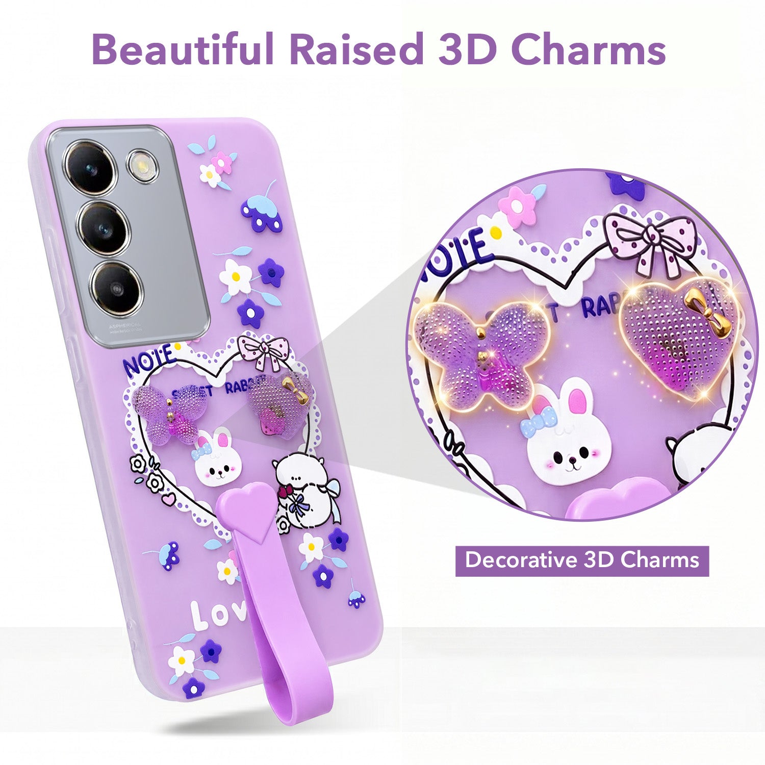 For Vivo T3 5G Back Cover Case (3D Cute Heart Strap Holder | Camera Protection | Designer Girls Print)