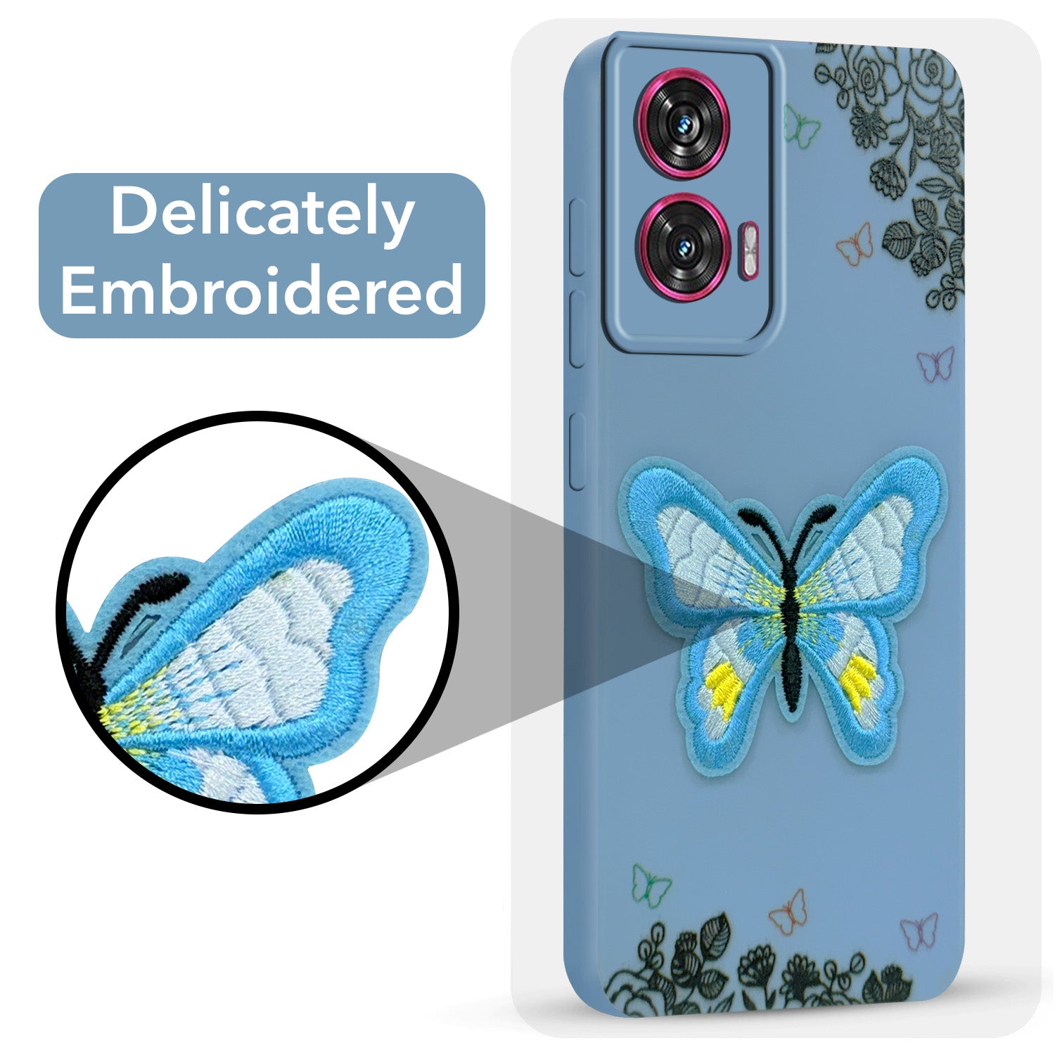 For Motorola Moto Edge 50 Fusion Back Cover Case (Soft Butterfly Embroidery | Women Teen Girls | Camera Protection| Matte Silicone)