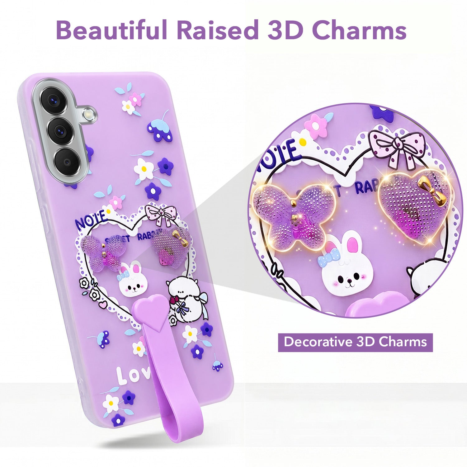 For Samsung Galaxy A57 Back Cover Case (3D Cute Heart Strap Holder | Camera Protection | Designer Girls Print)