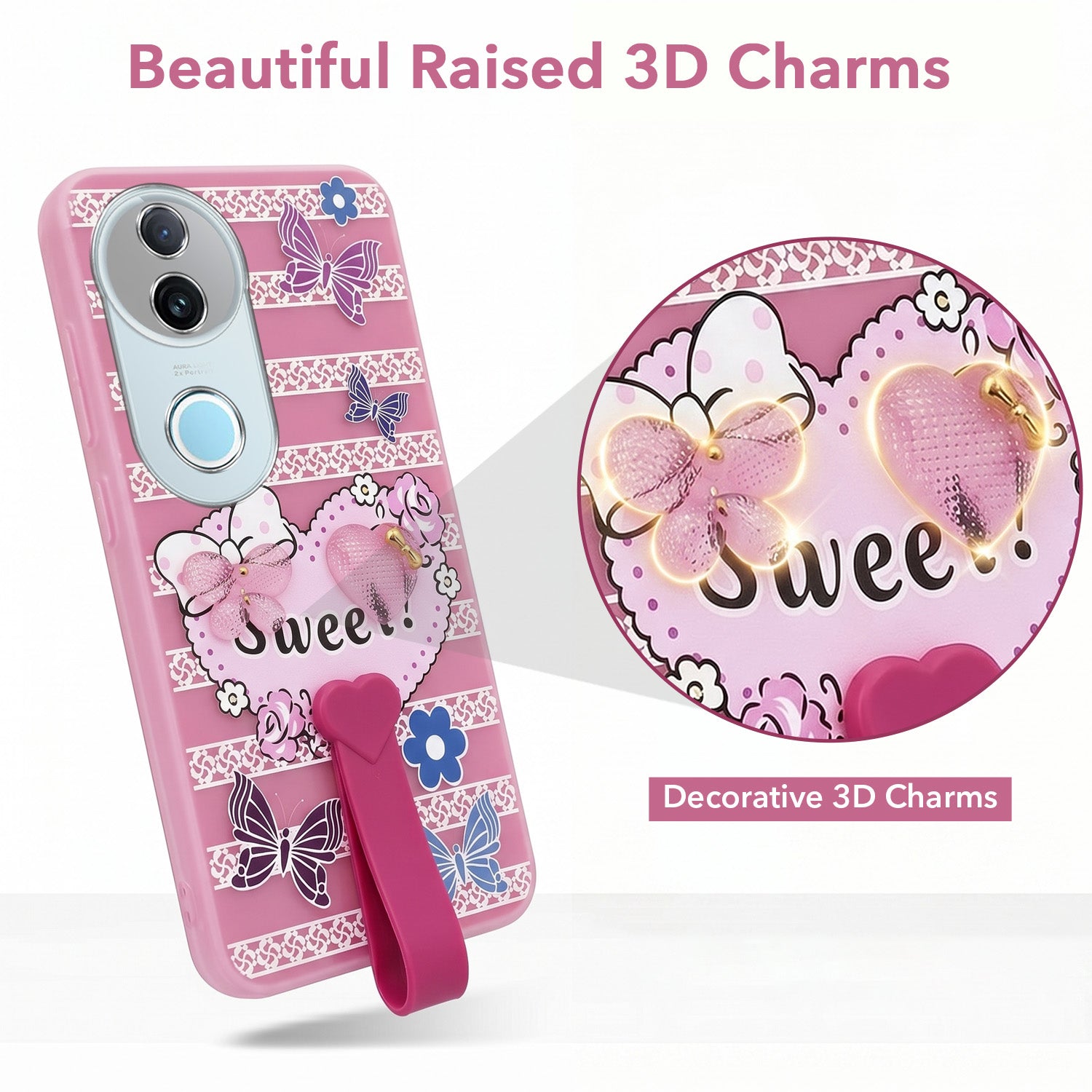 For Vivo iQOO Z10R Back Cover Case (3D Cute Heart Strap Holder | Camera Protection | Designer Girls Print)