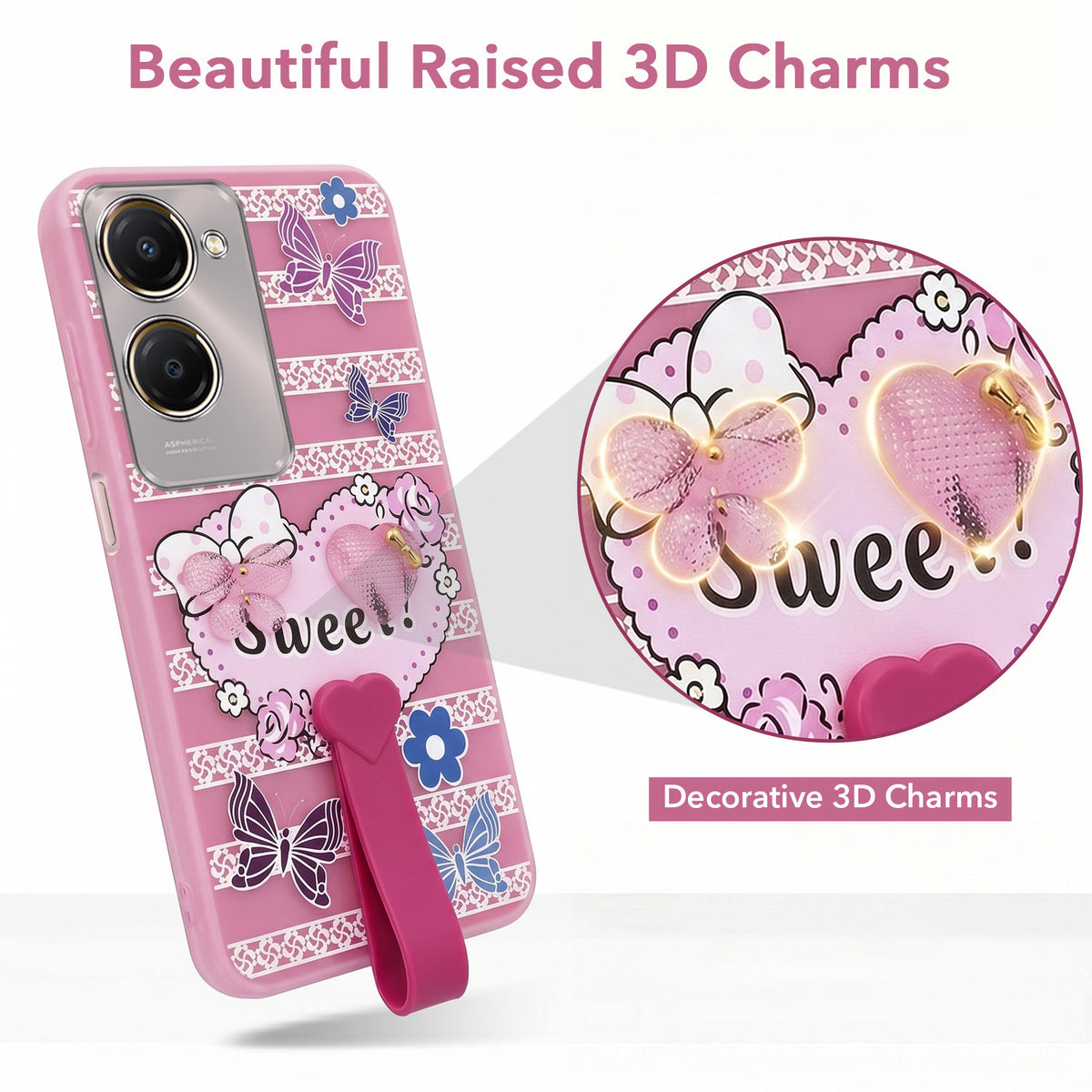 For Vivo Y28s 5G | Vivo T3 Lite 5G Back Cover Case (3D Cute Heart Strap Holder | Camera Protection | Designer Girls Print)
