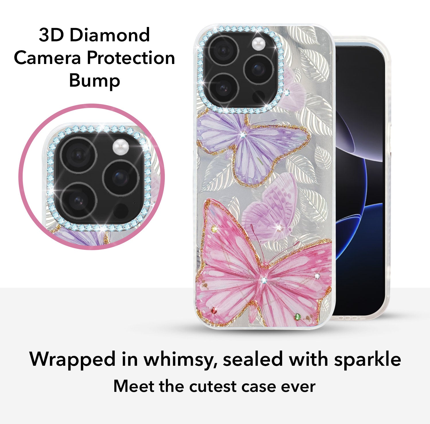For iPhone 16 Pro Max Back Cover Case (Luxury Floral Glitter Cute Butterfly | Diamond Studded Camera Bump | Girls & Women Design)