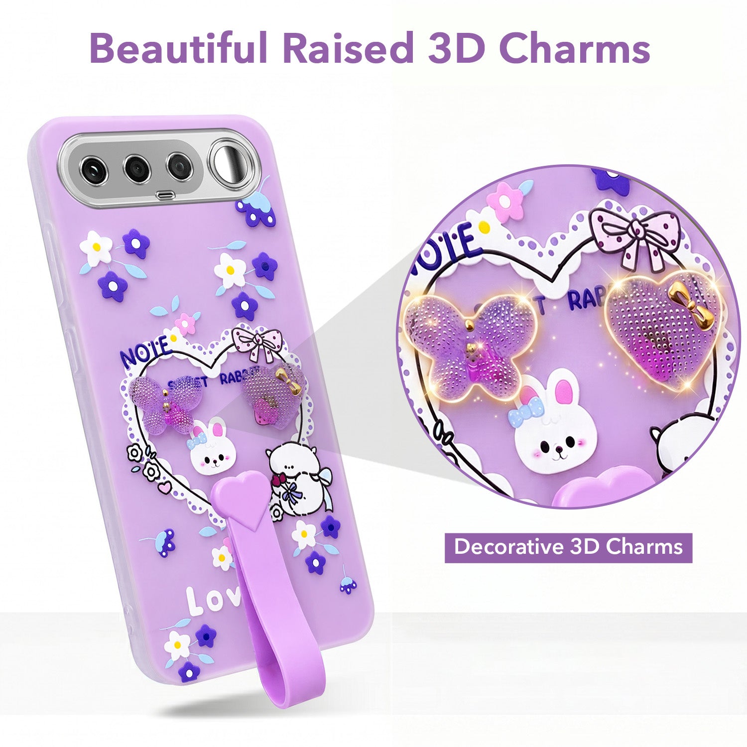 For Realme 16 Back Cover Case (3D Cute Heart Strap Holder | Camera Protection | Designer Girls Print)