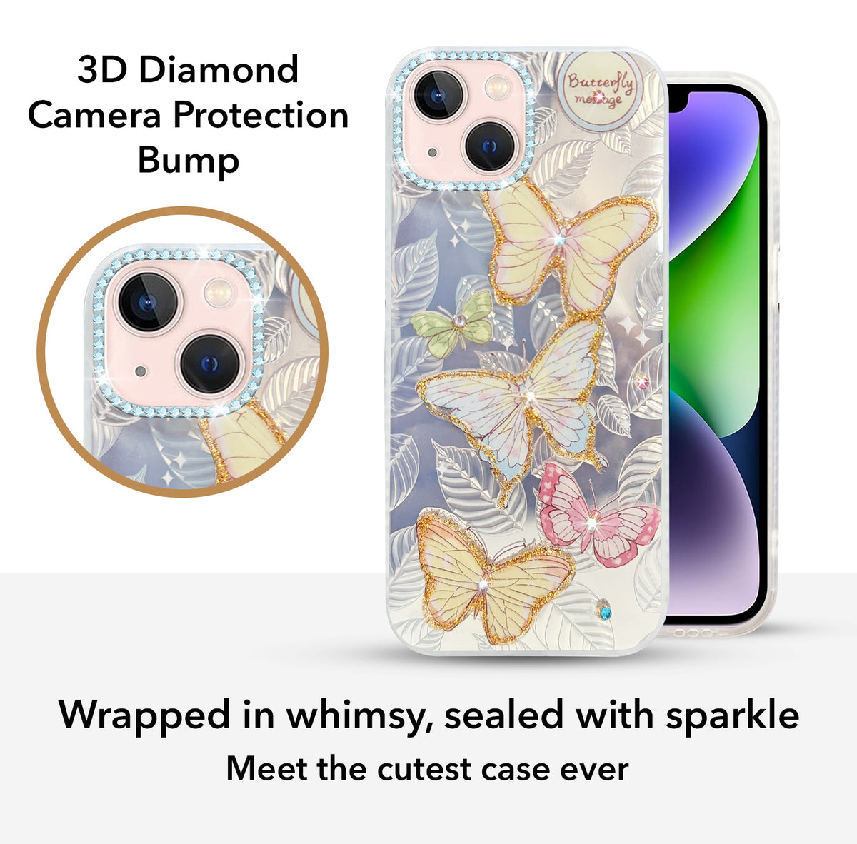 For Apple iPhone 14 Plus Back Cover Case (Luxury Floral Glitter Cute Butterfly | Diamond Studded Camera Bump | Girls & Women Design)