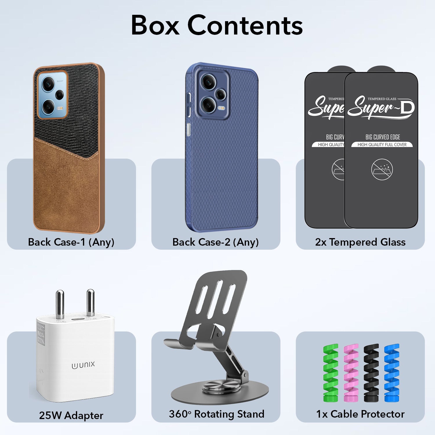 Complete Mobile Care Kit (Get Any 2 Cases+2 Tempered Glass+25W Charger Adapter+Metallic Mobile Stand+Cable Protector)