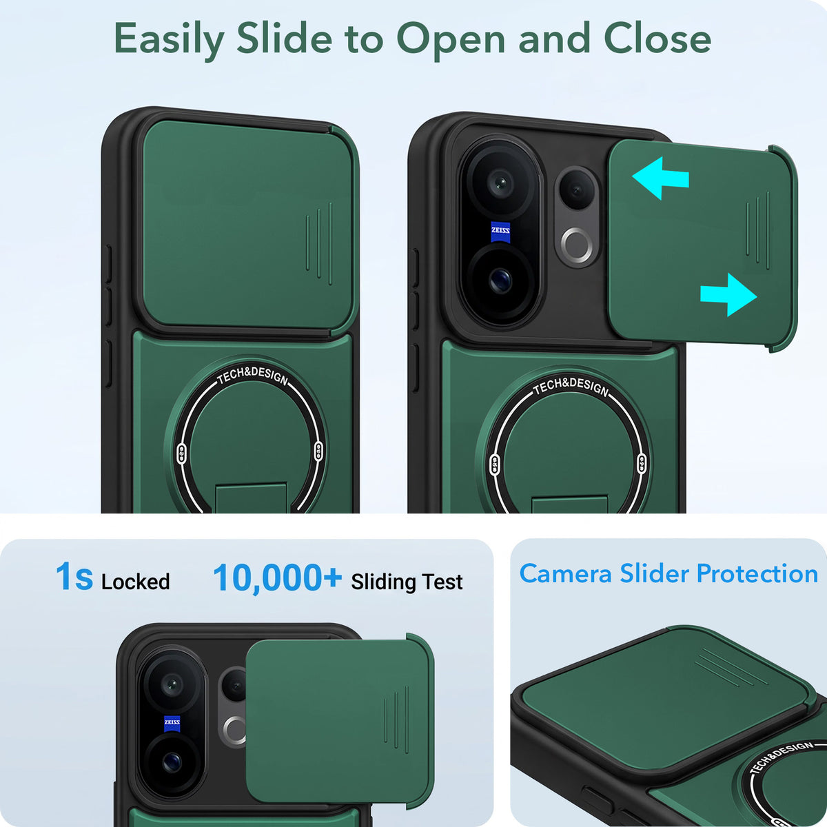 For Vivo X200 FE Back Case Cover Metallic (Hybrid Armor Kickstand | Sliding Shutter Camera Protection | MagSafe Compatible)