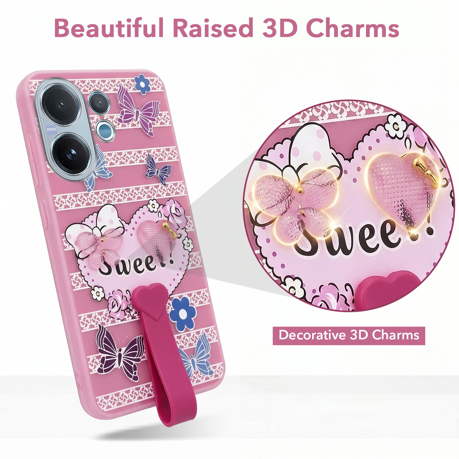 For Vivo V60 | Vivo T4 Pro Back Cover Case (3D Cute Heart Strap Holder | Camera Protection | Designer Girls Print)